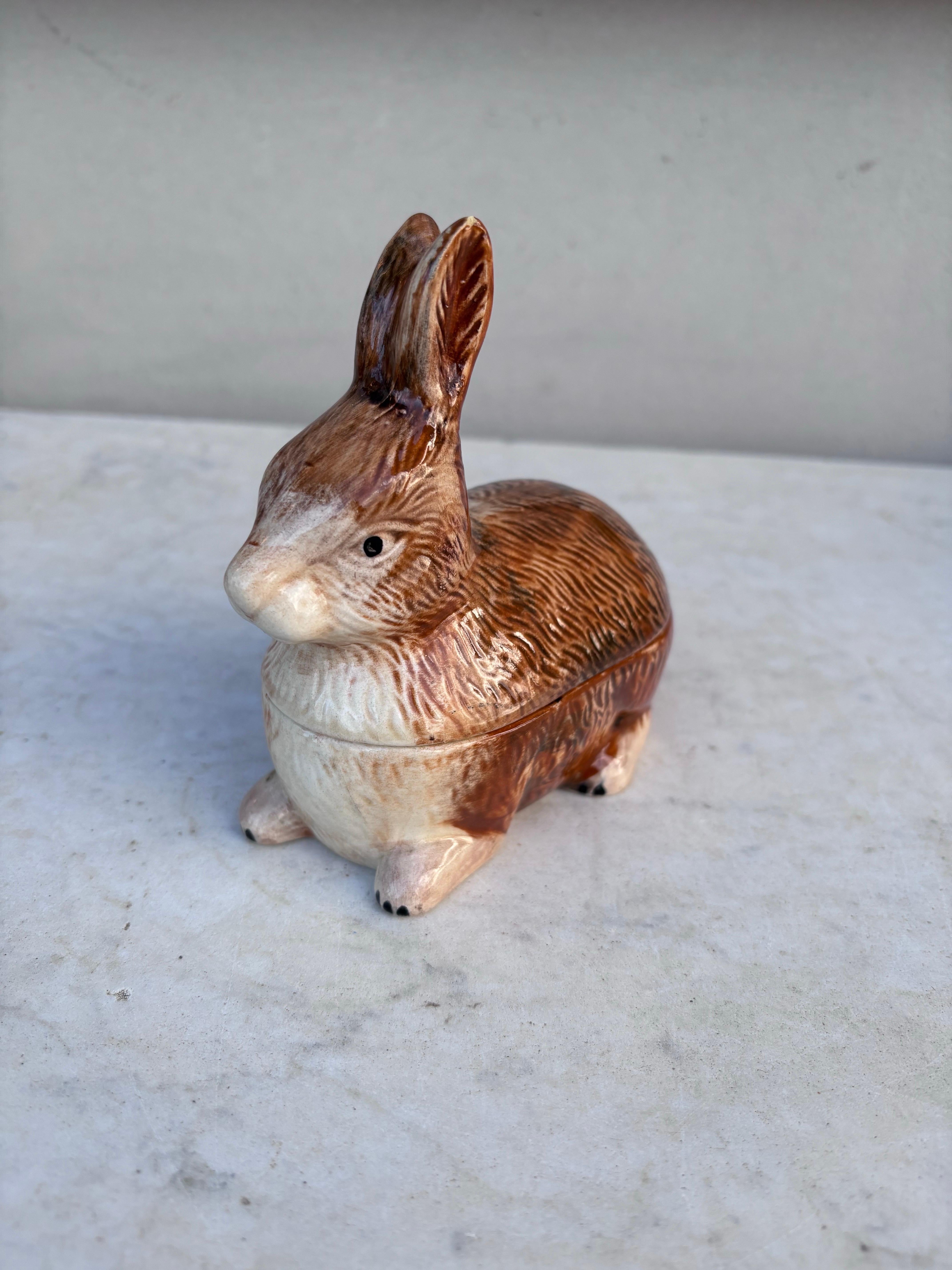 French Small Brown Majolica Rabbit Tureen Caugant