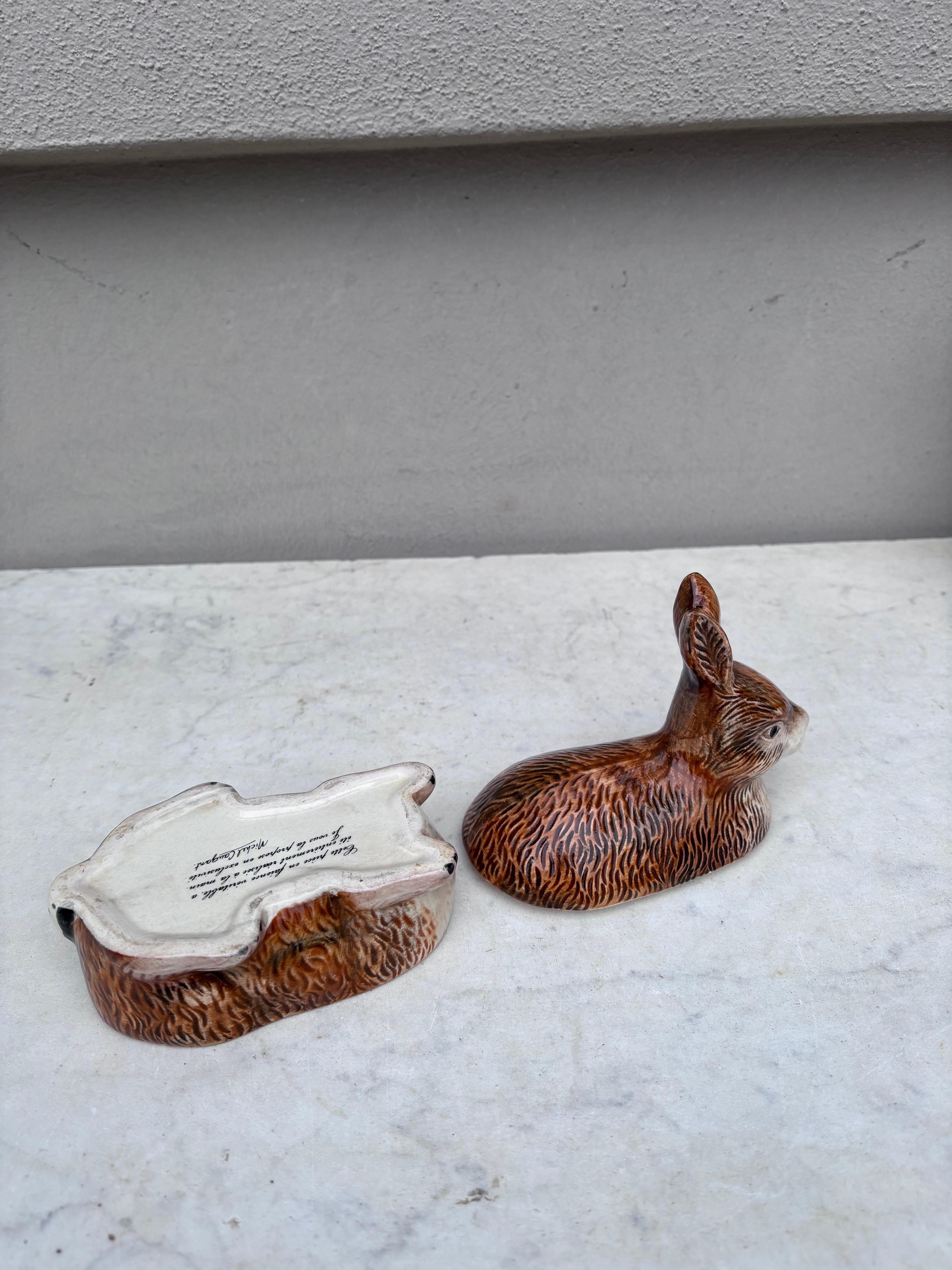 French Small Brown Majolica Rabbit Tureen Caugant