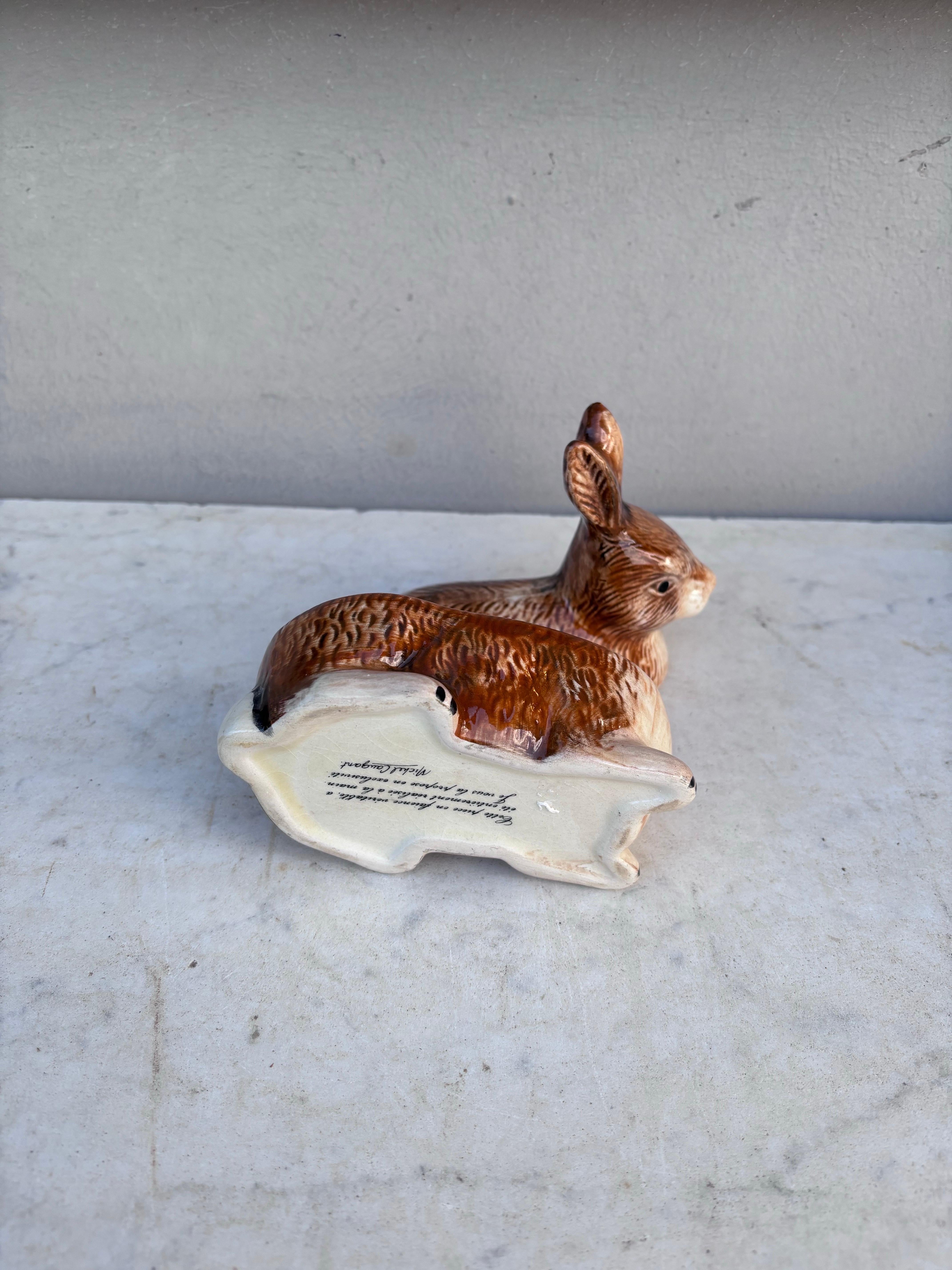 Mid-20th Century Small Brown Majolica Rabbit Tureen Caugant
