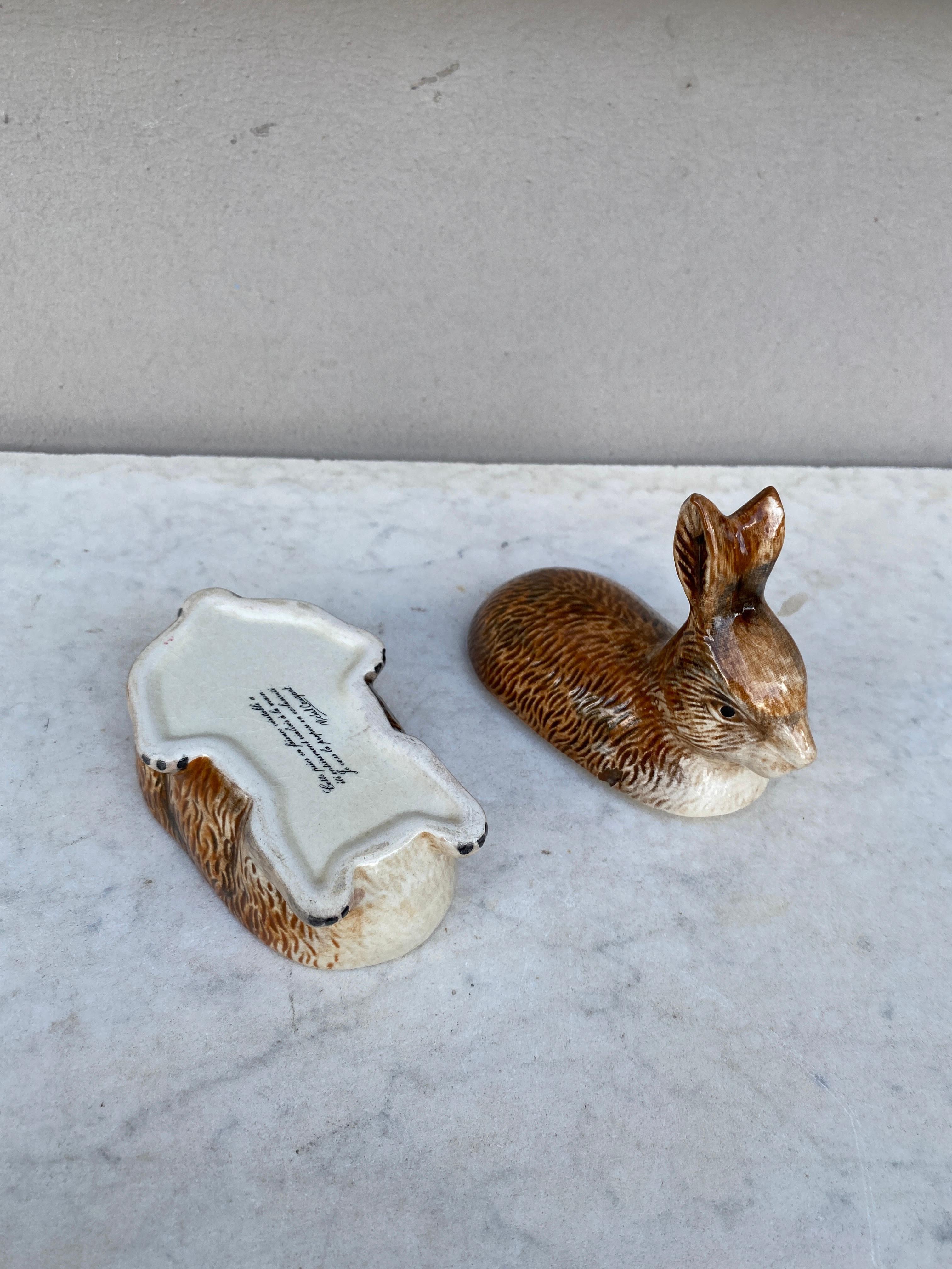 Ceramic Small Brown Majolica Rabbit Tureen Caugant