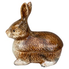 Vintage Small Brown Majolica Rabbit Tureen Caugant