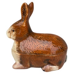 Vintage Small Brown Majolica Rabbit Tureen Caugant