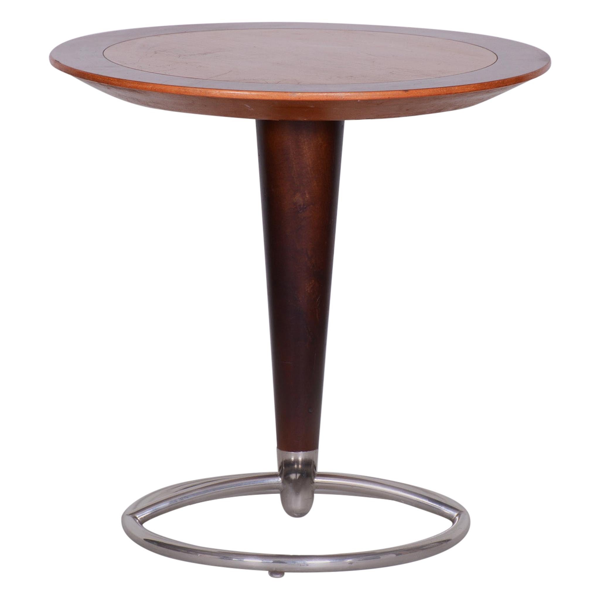 Small Brown Midcentury Beech and Ash Chrome Round Table from Czechia, 1960s