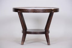 Small Brown Round Table, Czech Functionalism, Material Oak, Glass, 1940s
