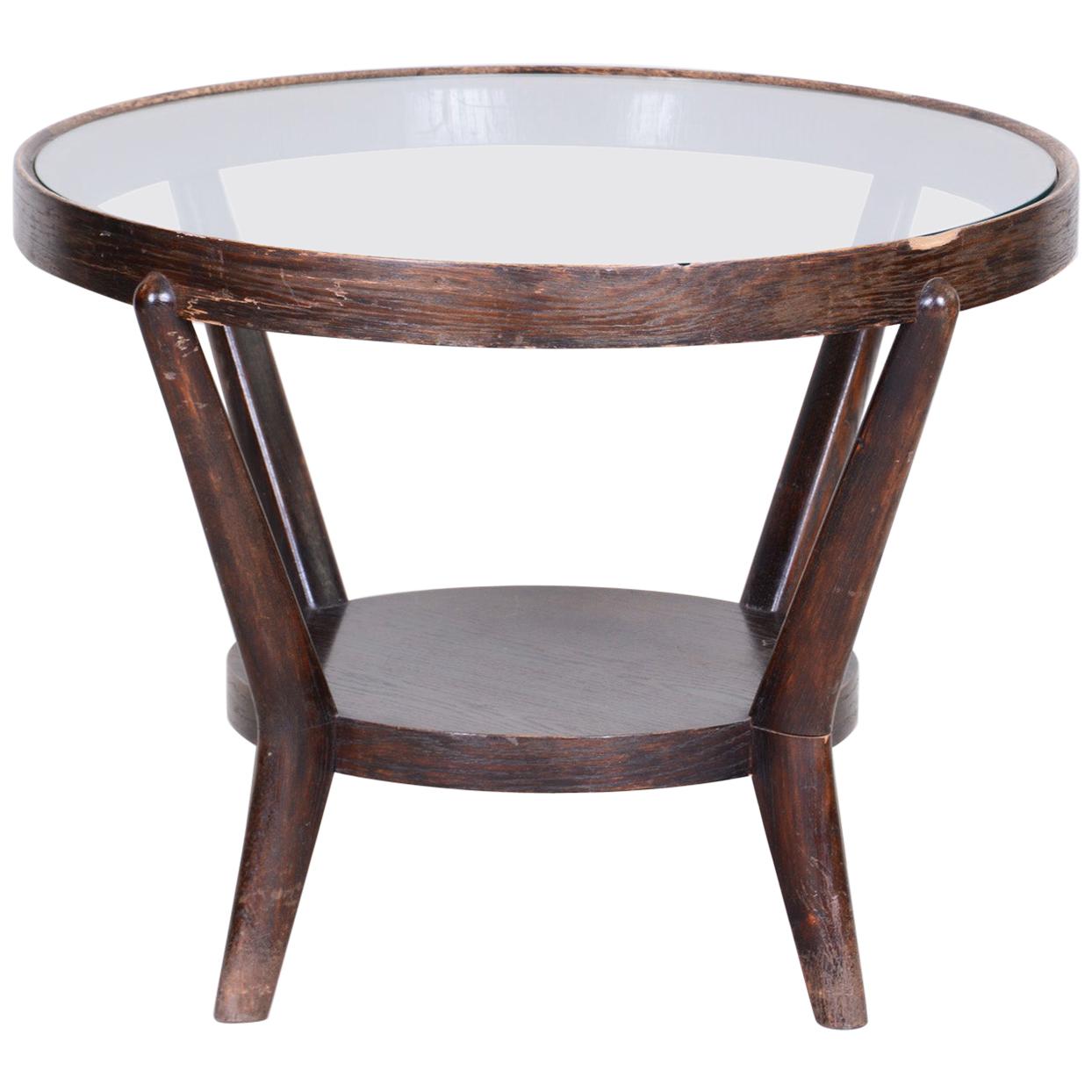 Small Brown Round Table, Czech Functionalism, Material Oak, Glass, 1940s