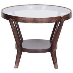 Small Brown Round Table, Czech Functionalism, Material Oak, Glass, 1940s