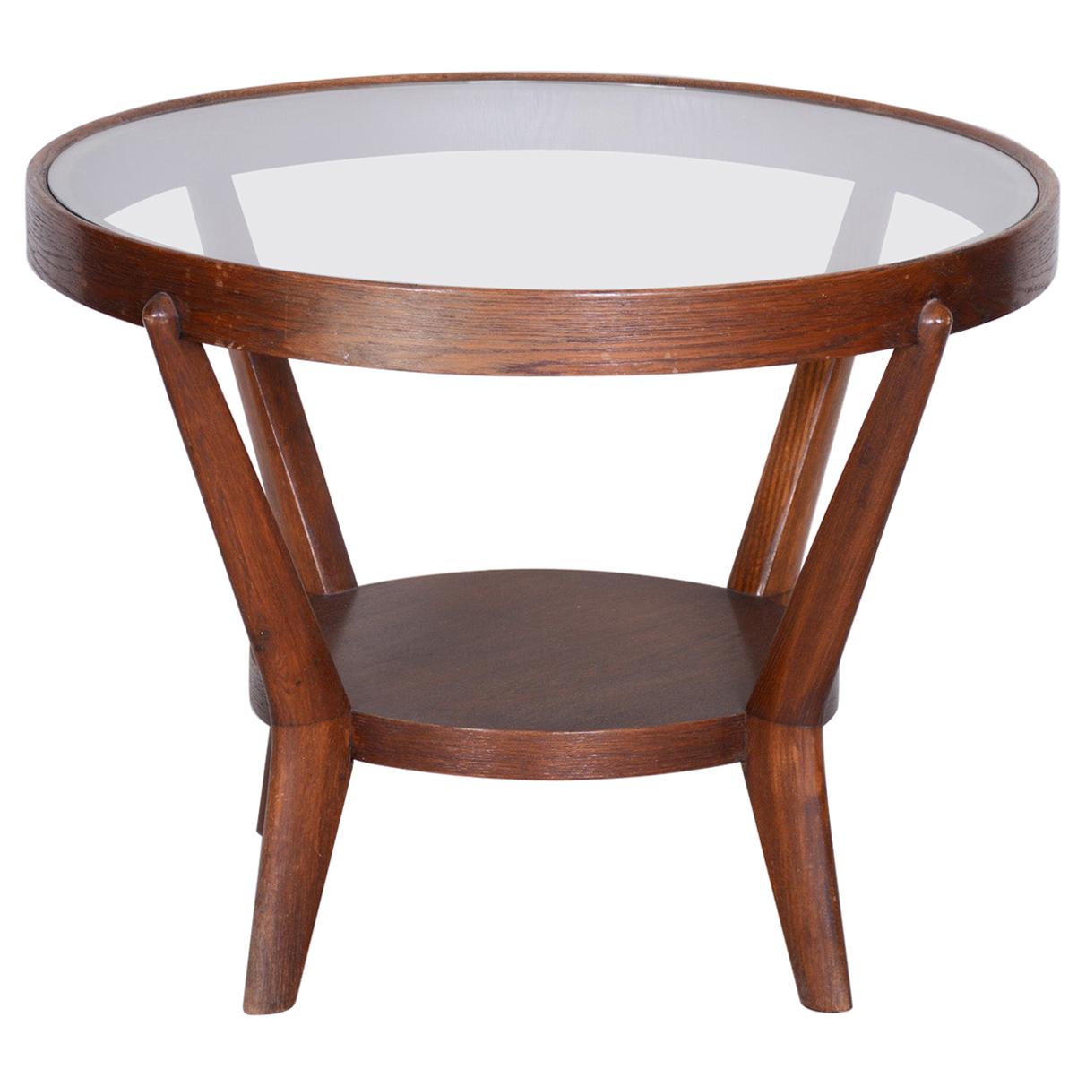 Small Brown Round Table, Czech Functionalism, Material Oak, Glass, 1940s