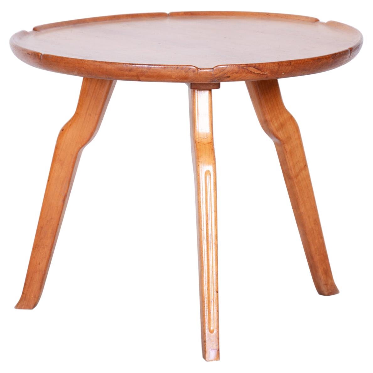 Small Brown Round Table, Czech Midcentury, Made Out of Cherry Tree, 1940s