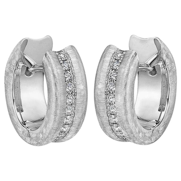 Small Brushed 18 Karat White Gold and Diamond Hoop Earrings For Sale