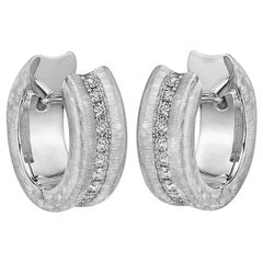 Small Brushed 18 Karat White Gold and Diamond Hoop Earrings