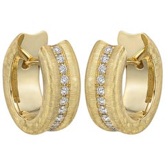 Small Brushed 18 Karat Yellow Gold and Diamond Hoop Earrings