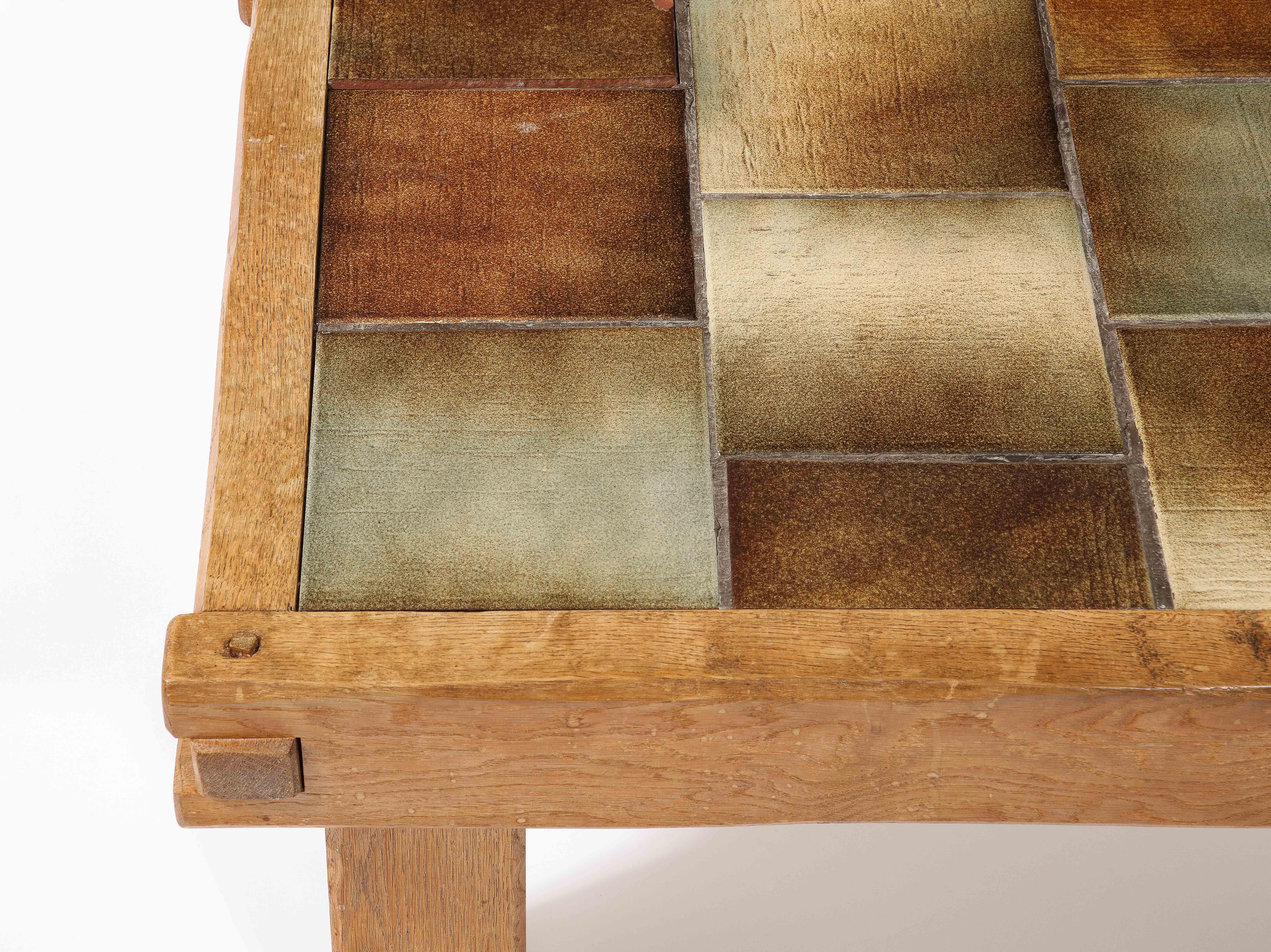 Small Brutalist Coffee Table with Ceramic Tile Top & Oak, France 1960's For Sale 5