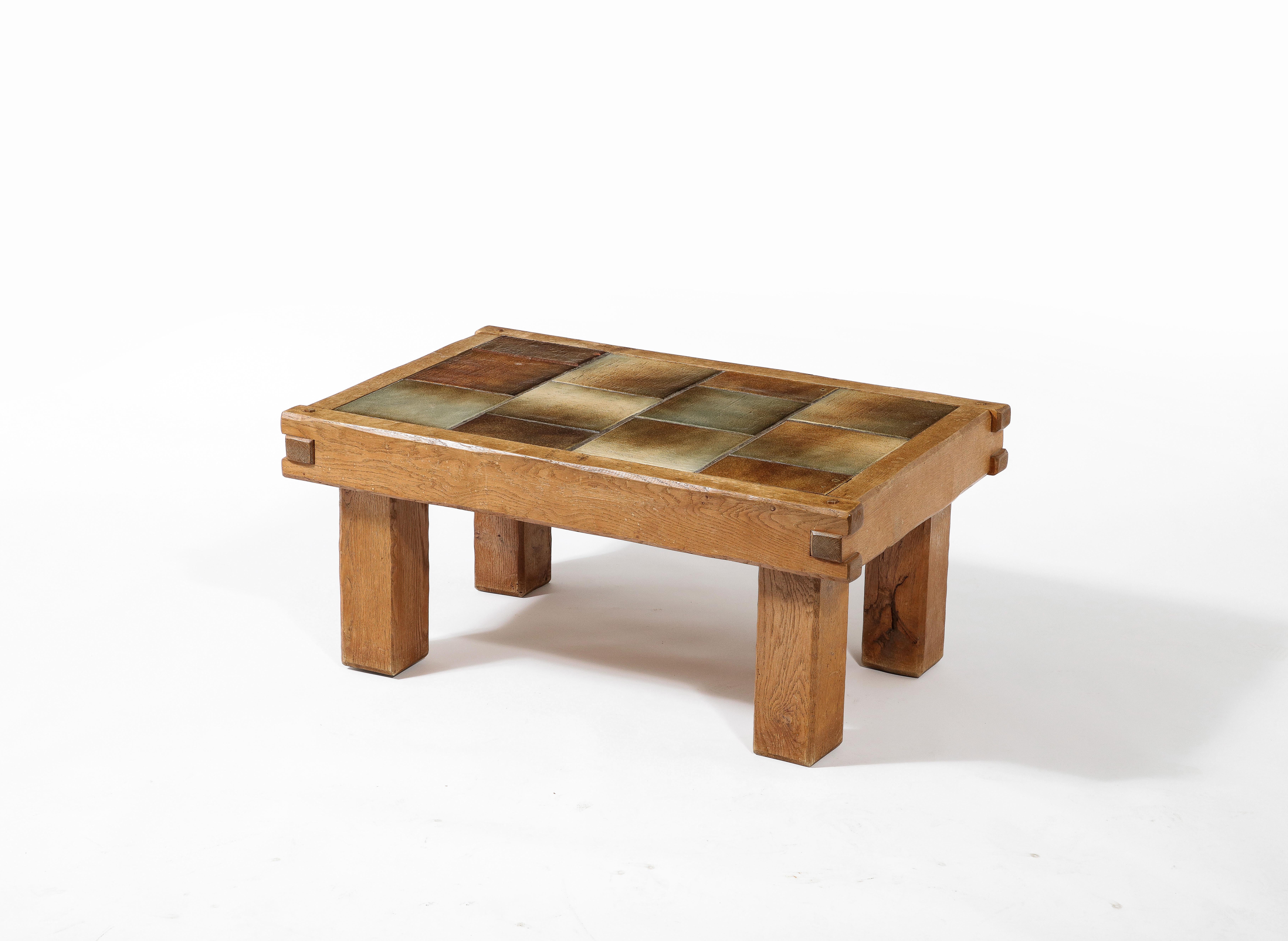 Small Brutalist Coffee Table with Ceramic Tile Top & Oak, France 1960's For Sale 7