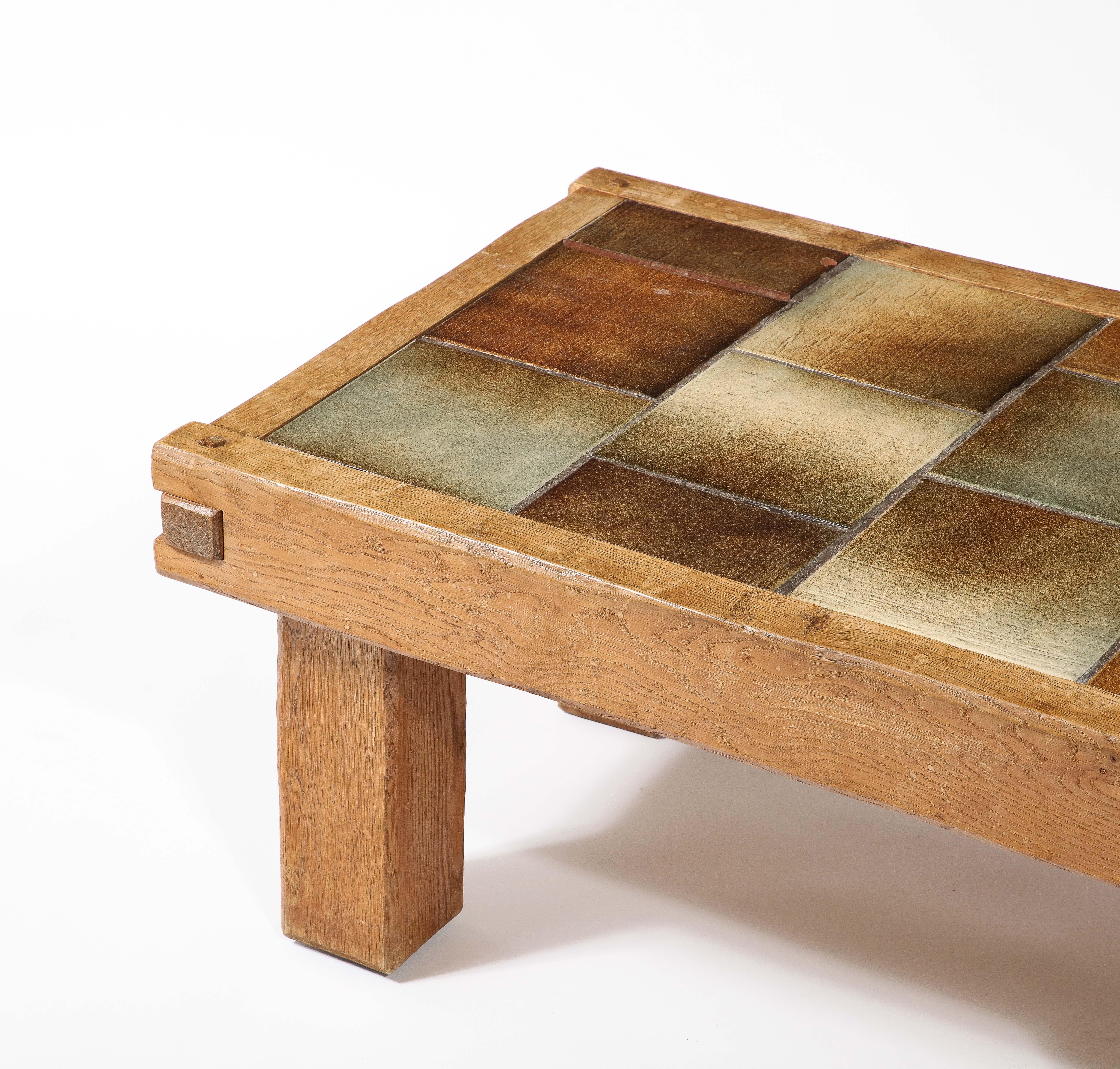 Small Brutalist Coffee Table with Ceramic Tile Top & Oak, France 1960's For Sale 8