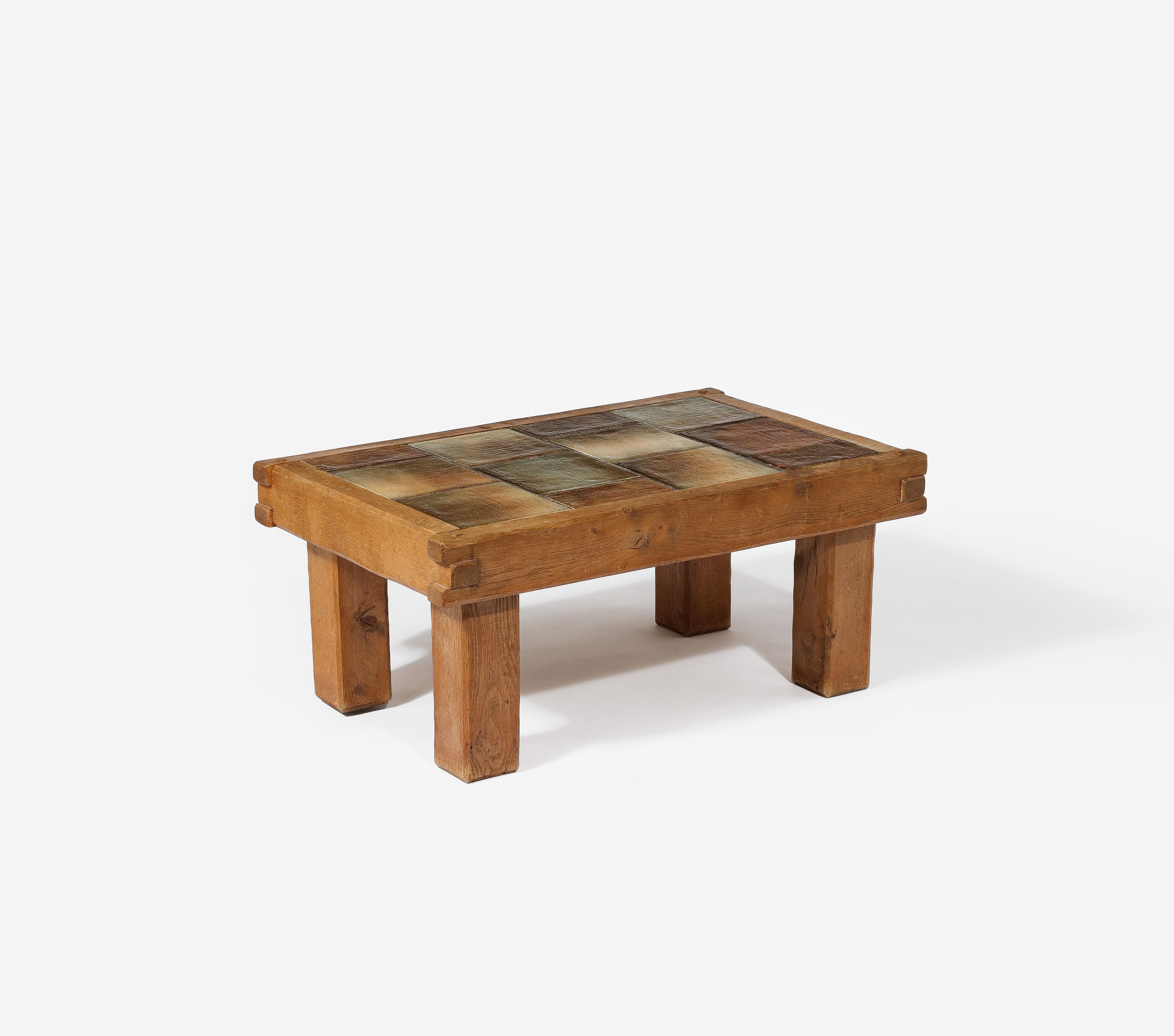 Small Brutalist Coffee Table with Ceramic Tile Top & Oak, France 1960's For Sale 9