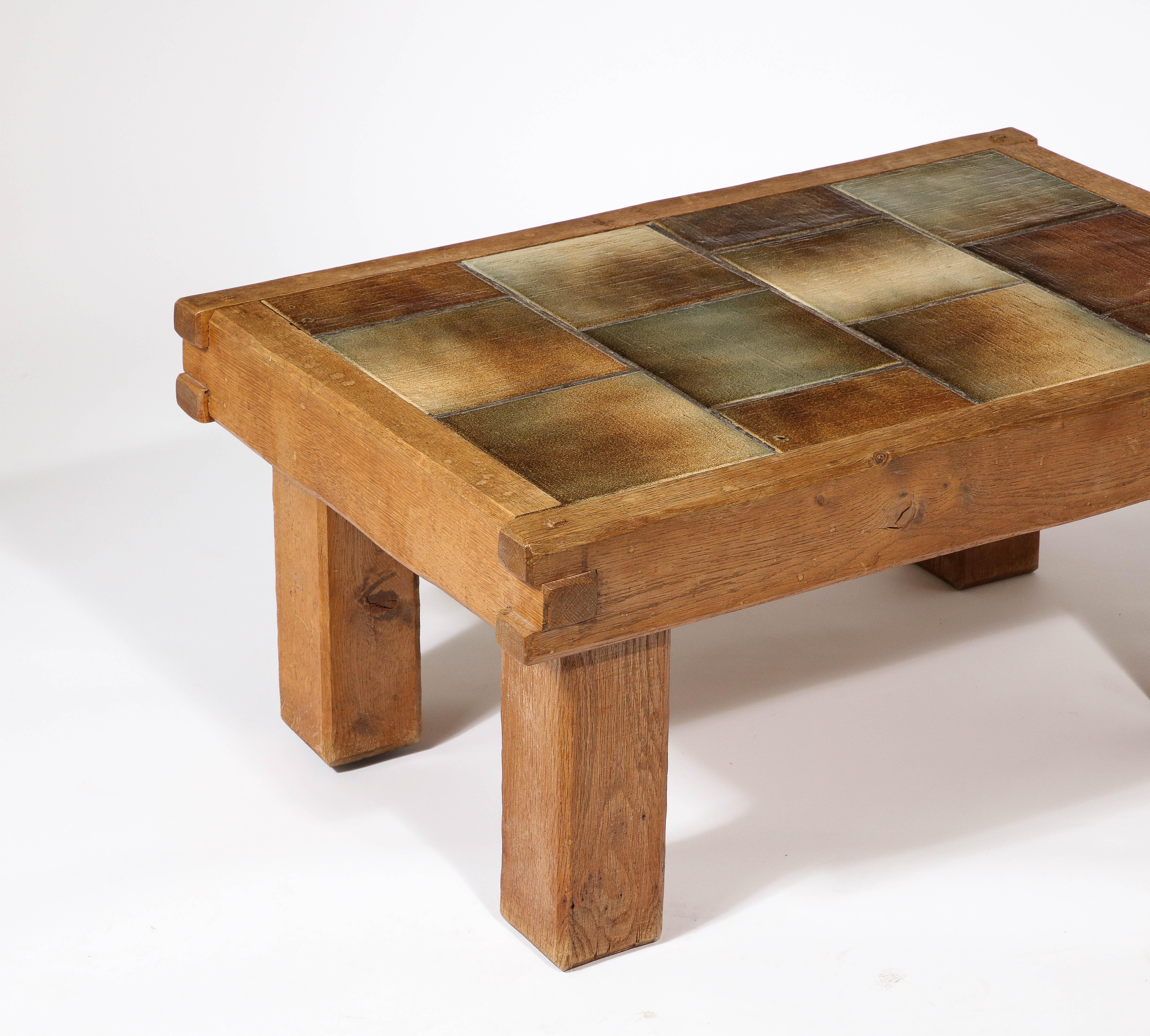 Small Brutalist Coffee Table with Ceramic Tile Top & Oak, France 1960's For Sale 10