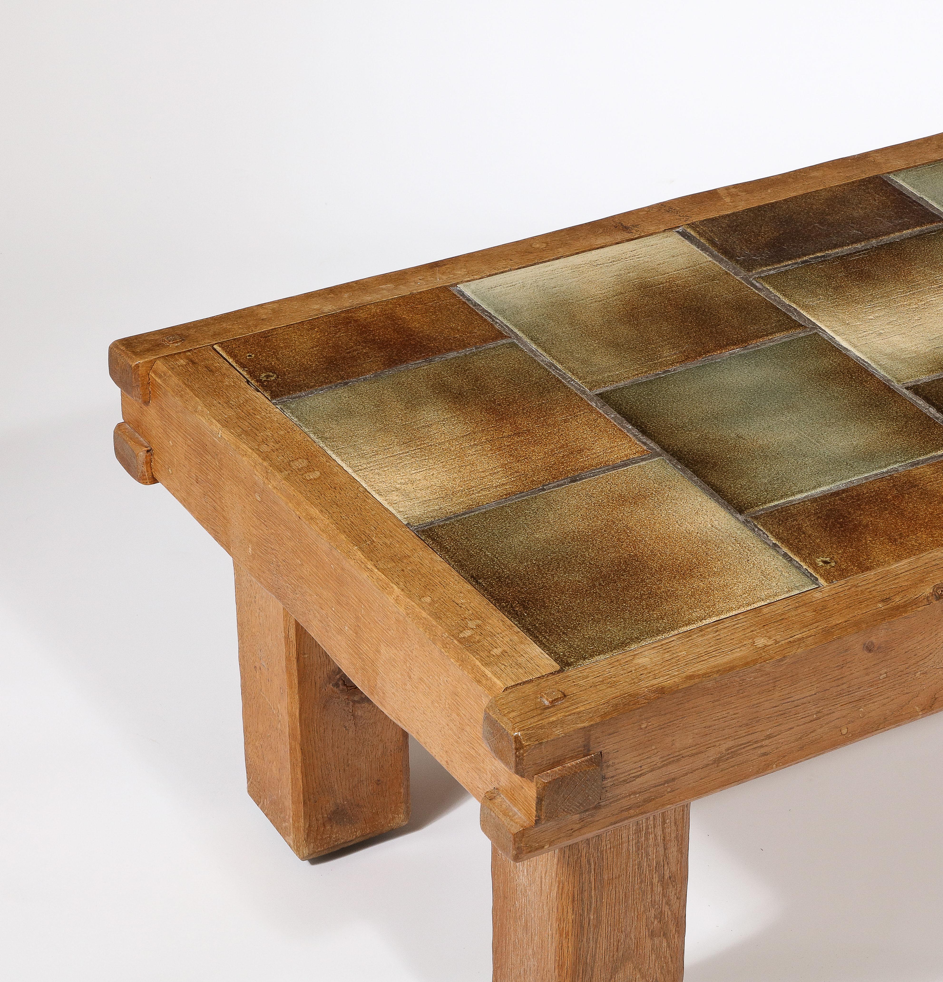 Small Brutalist Coffee Table with Ceramic Tile Top & Oak, France 1960's For Sale 11