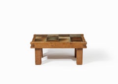 Small Brutalist Coffee Table with Ceramic Tile Top & Oak, France 1960's
