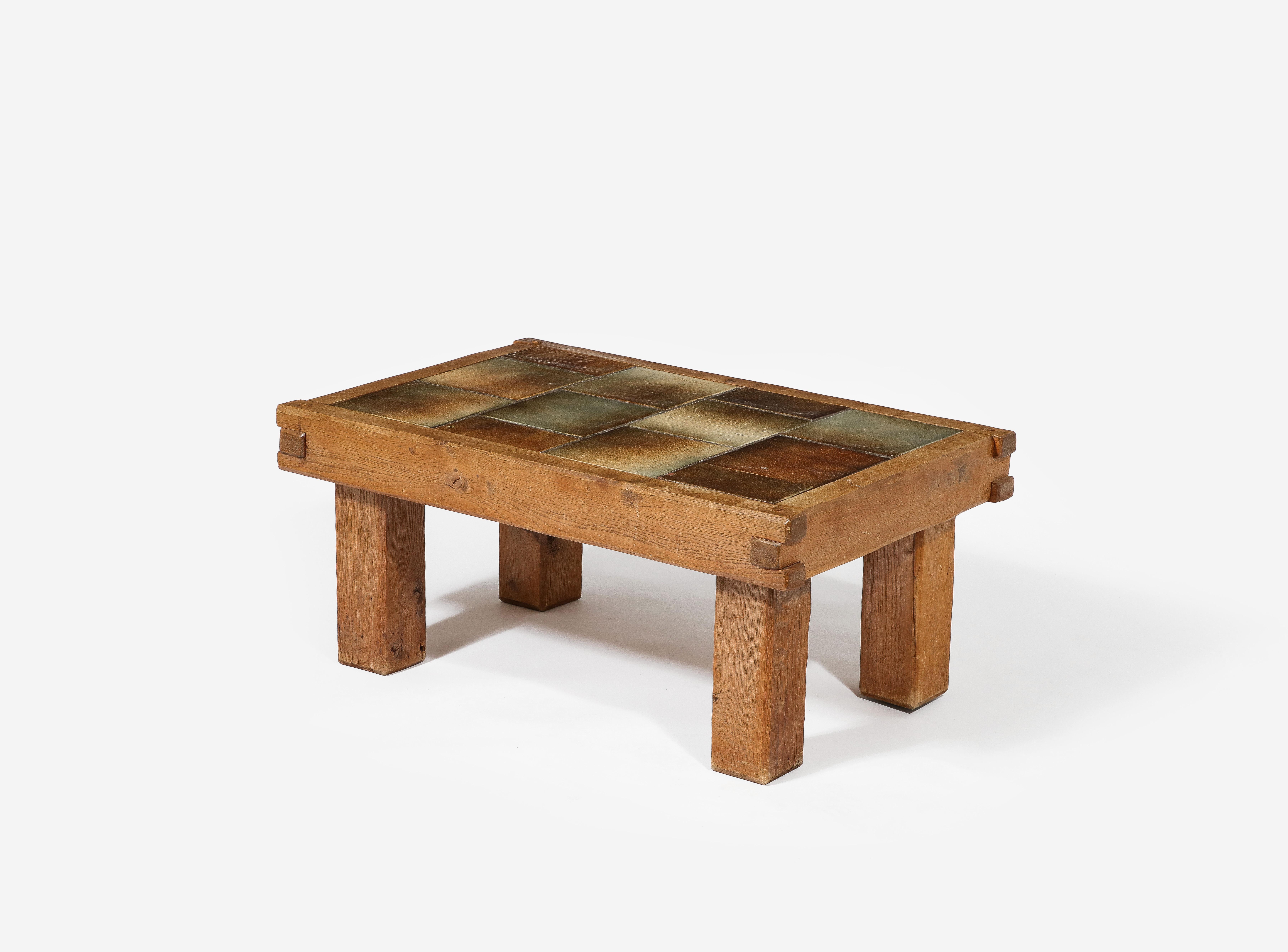 20th Century Small Brutalist Coffee Table with Ceramic Tile Top & Oak, France 1960's For Sale