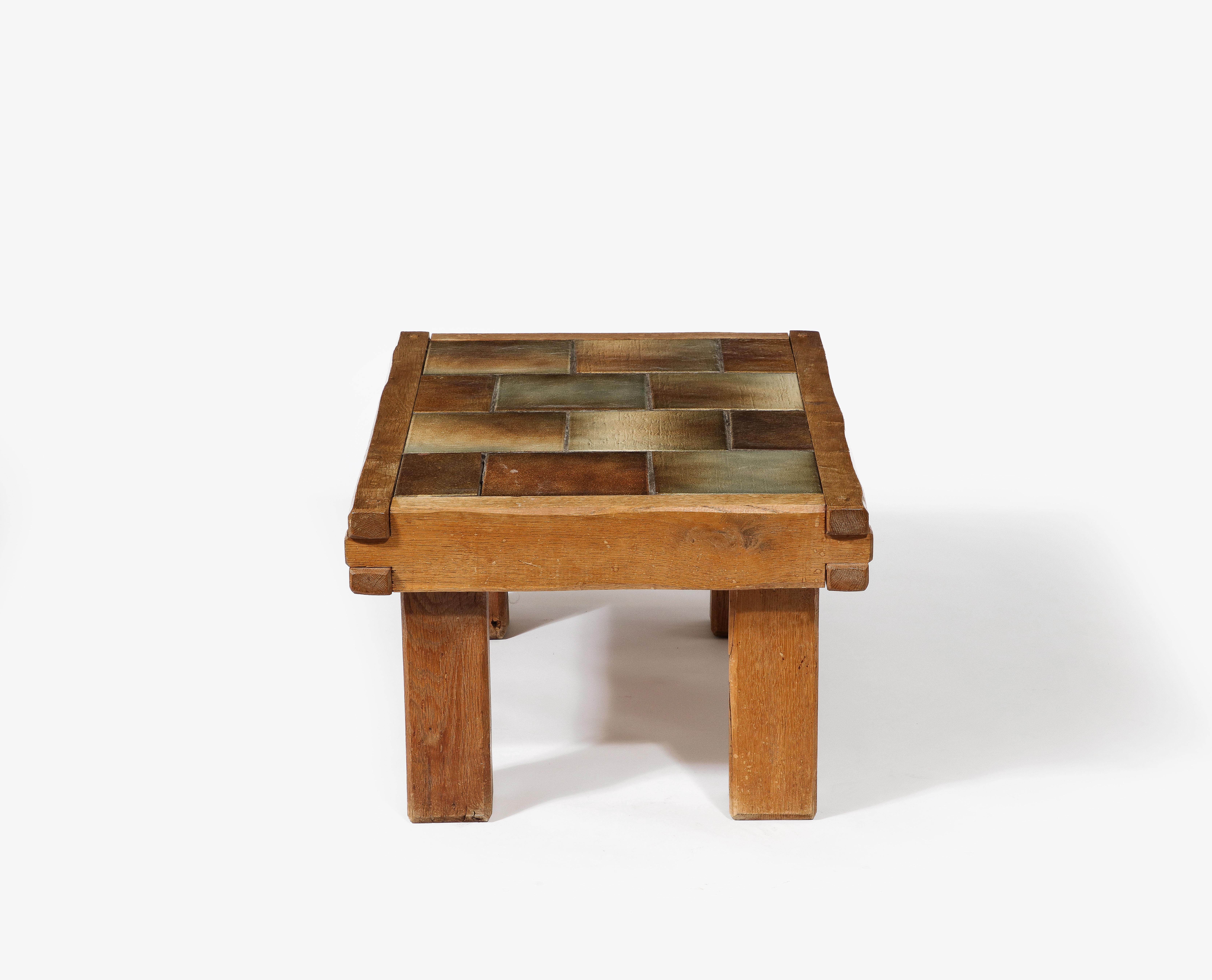Small Brutalist Coffee Table with Ceramic Tile Top & Oak, France 1960's For Sale 1
