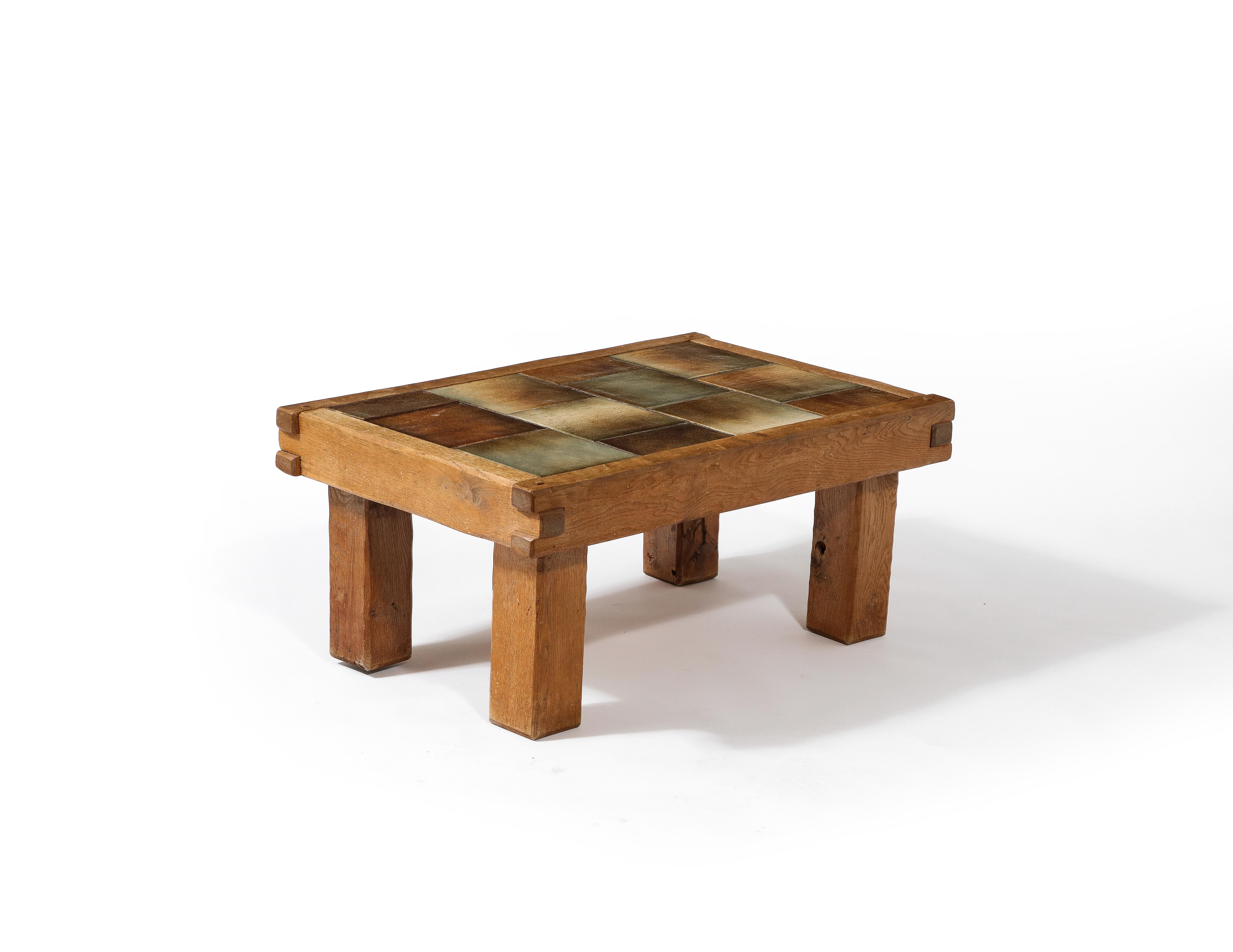 Small Brutalist Coffee Table with Ceramic Tile Top & Oak, France 1960's For Sale 3