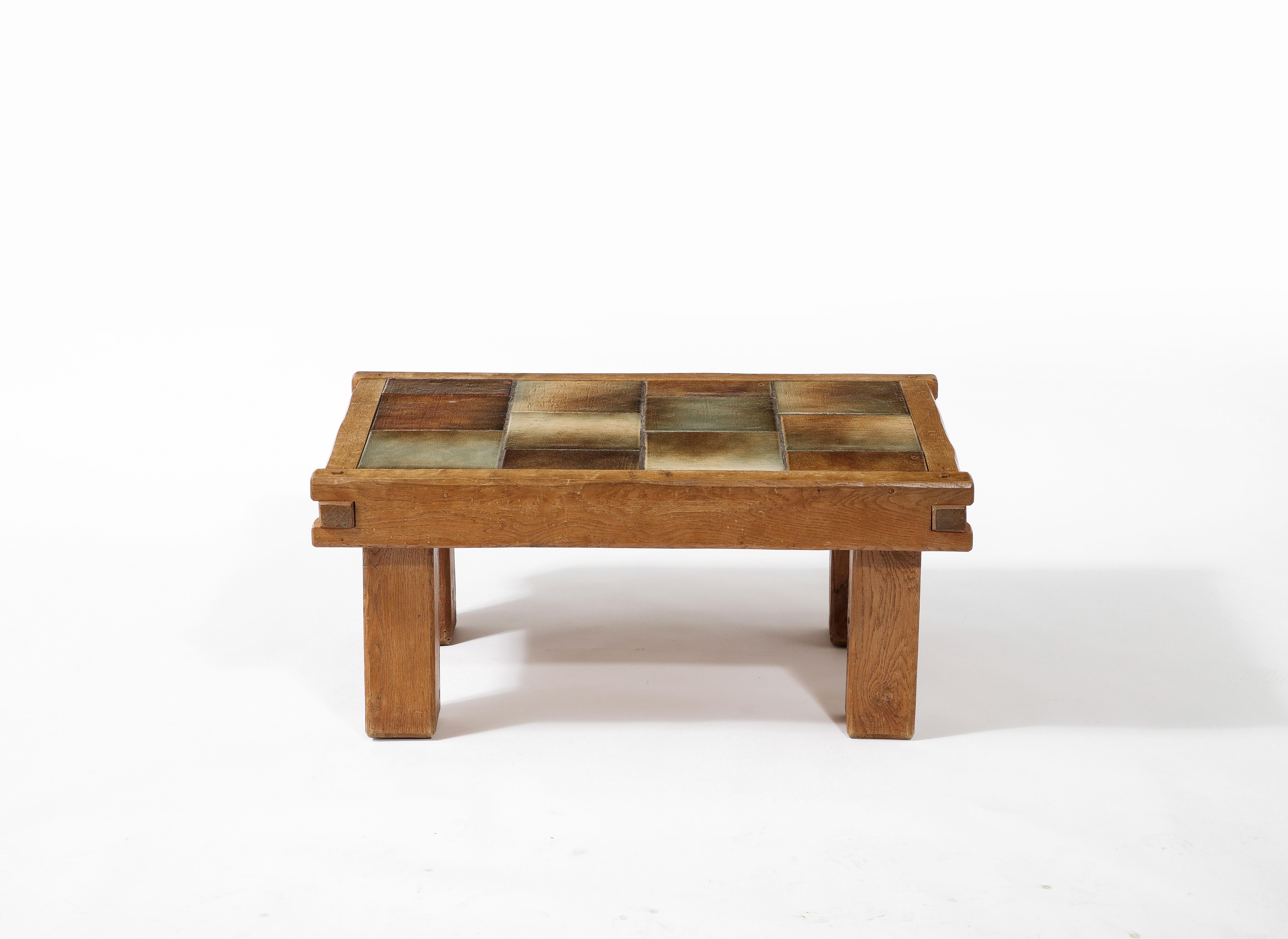 Small Brutalist Coffee Table with Ceramic Tile Top & Oak, France 1960's For Sale 4