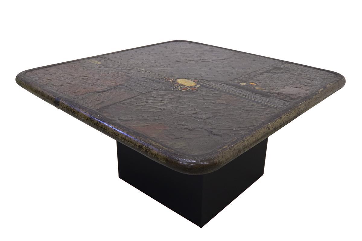 Small Brutalist side table, handmade and designed by the late Dutch artist Paul Kingma in the 1990s. 1993 to be exact. Every table is a one of a kind piece, this one has an exceptional composition, with brass and gemstones. Paul Kingma used a