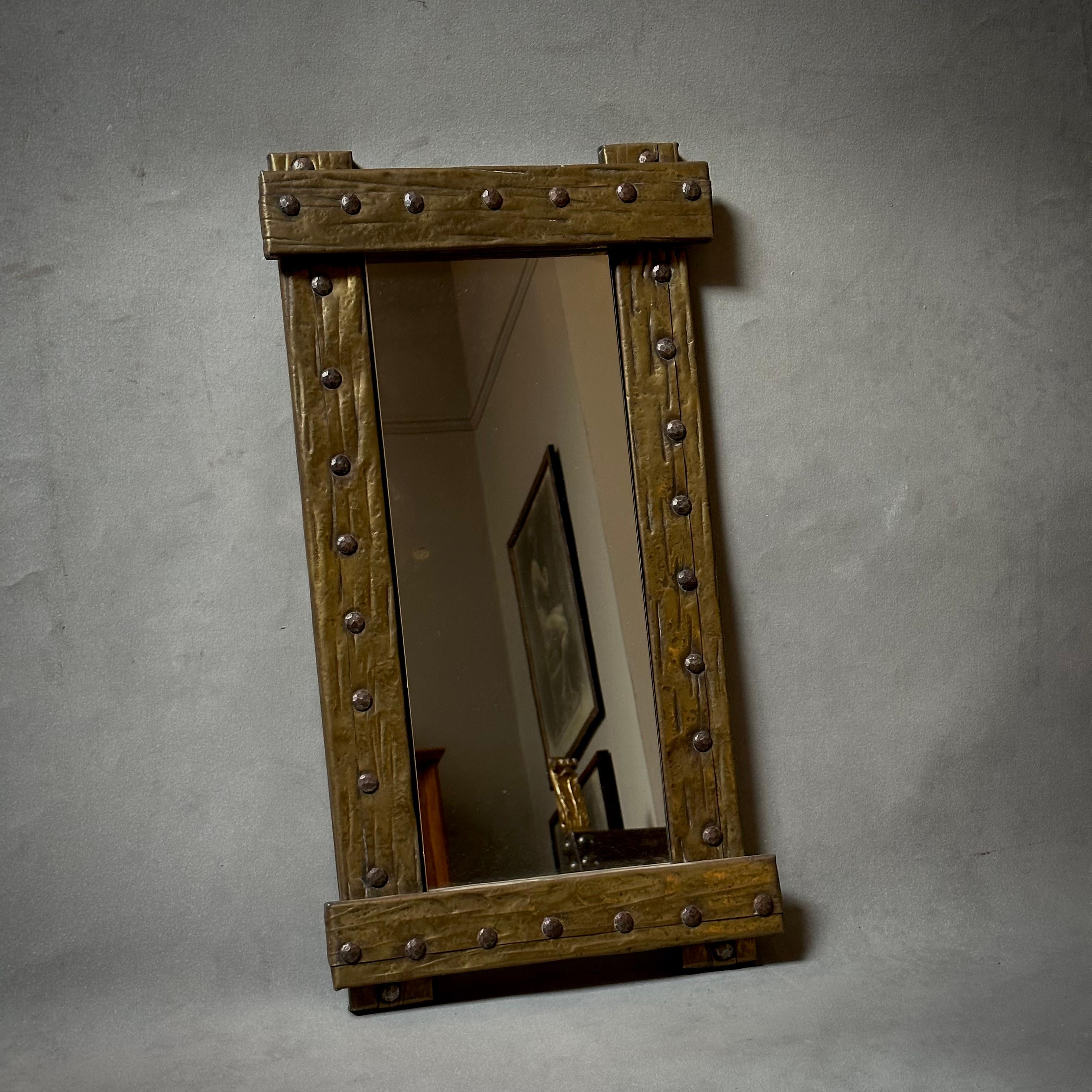 French Small Brutalist Mirror with Hammered Copper and Brass Frame For Sale