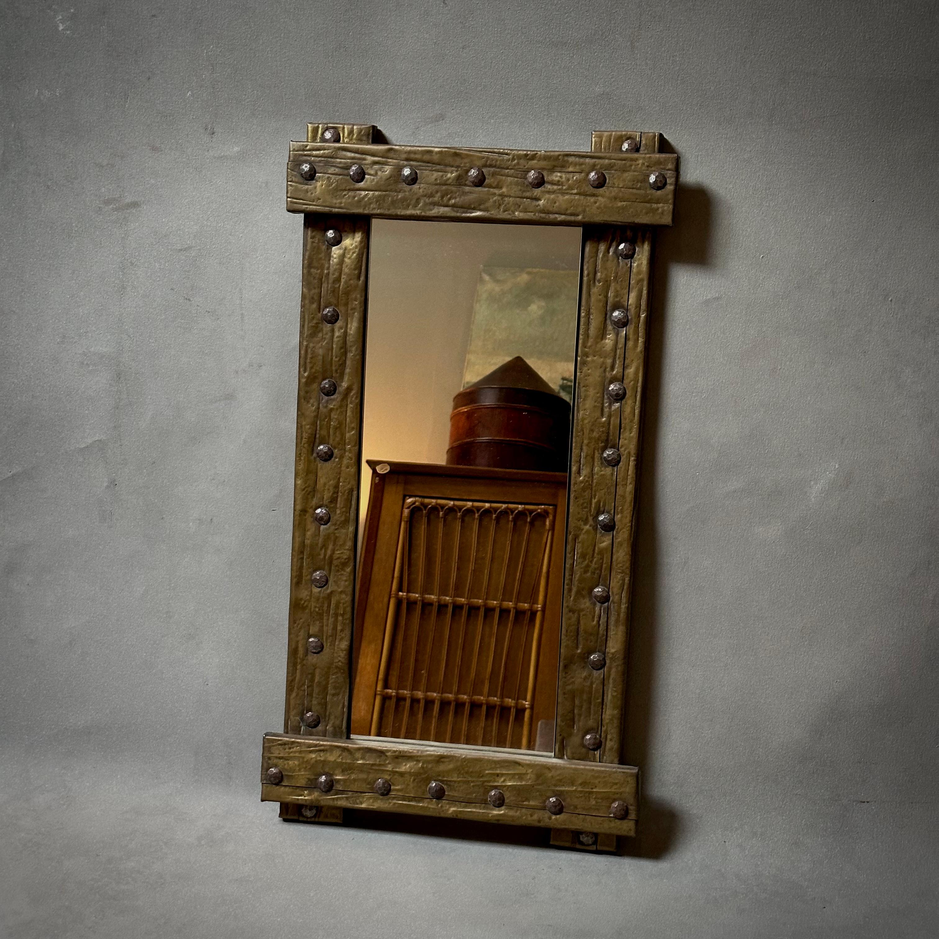 Small Brutalist Mirror with Hammered Copper and Brass Frame In Good Condition In Los Angeles, CA