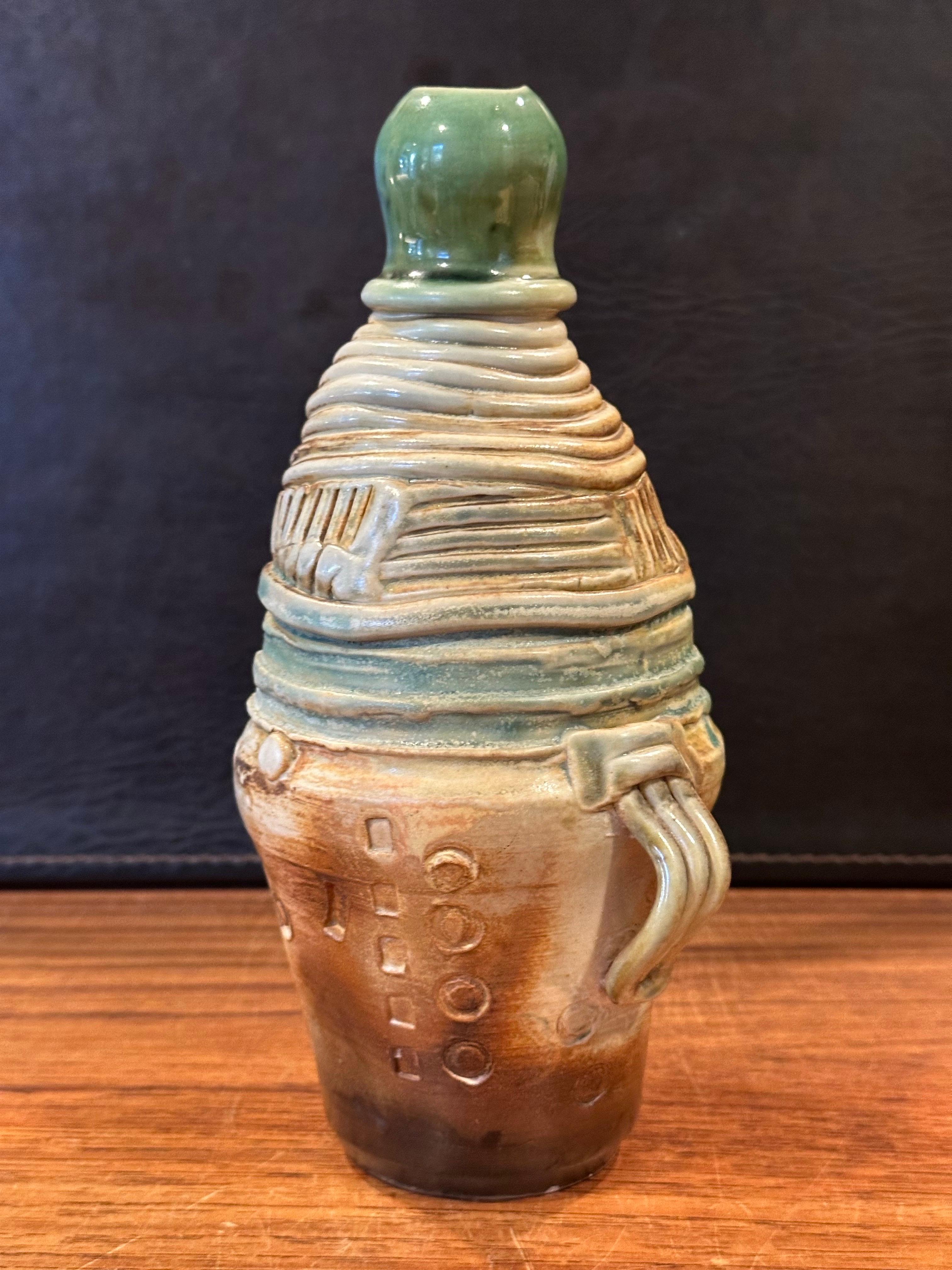 Stoneware Small Brutalist Studio Pottery Signed Figural Vase For Sale