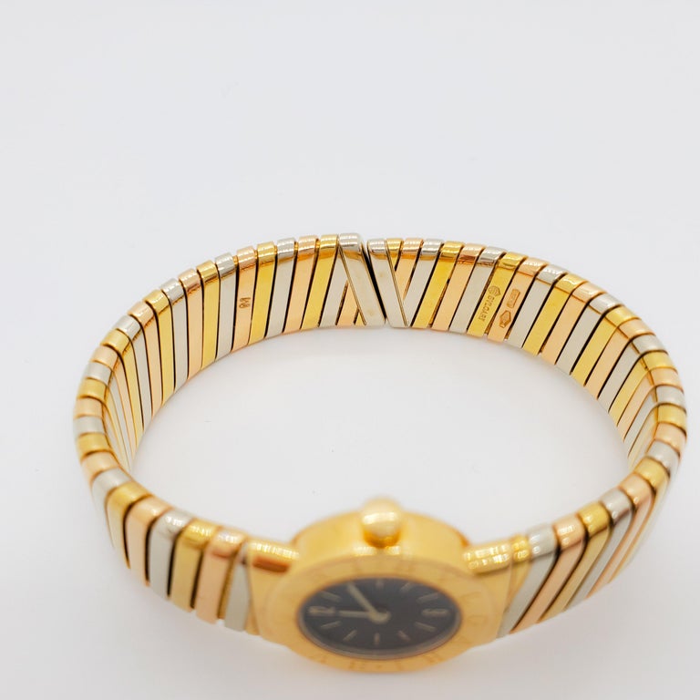 Small Bulgari Tubogas 18k 3 Tone Gold Watch In Excellent Condition For Sale In Los Angeles, CA