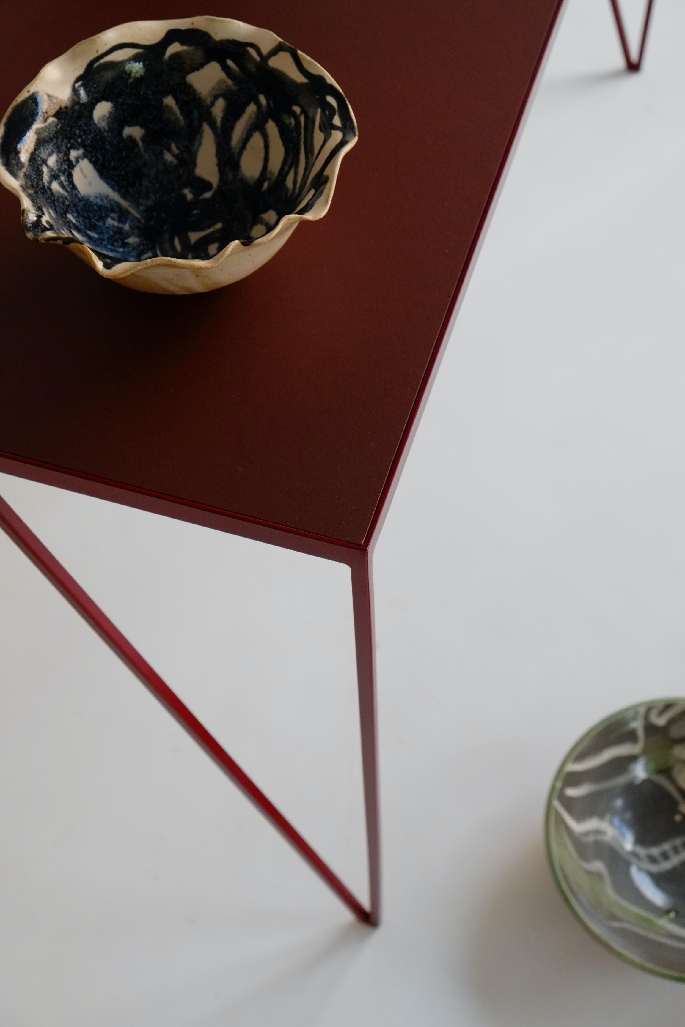 Small Burgundy Study Desk with Natural Linoleum Table Top & Drawer, Customizable For Sale 2