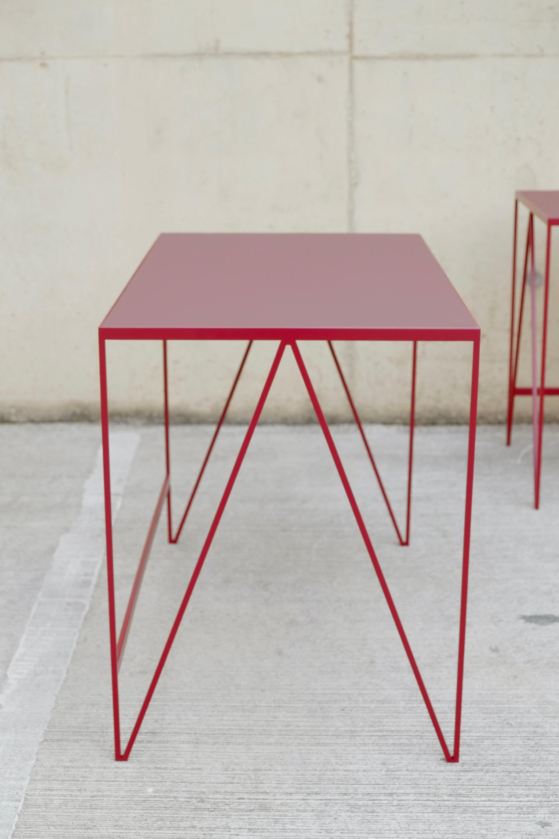 Small Burgundy Study Desk with Natural Linoleum Table Top & Drawer, Customizable For Sale 3