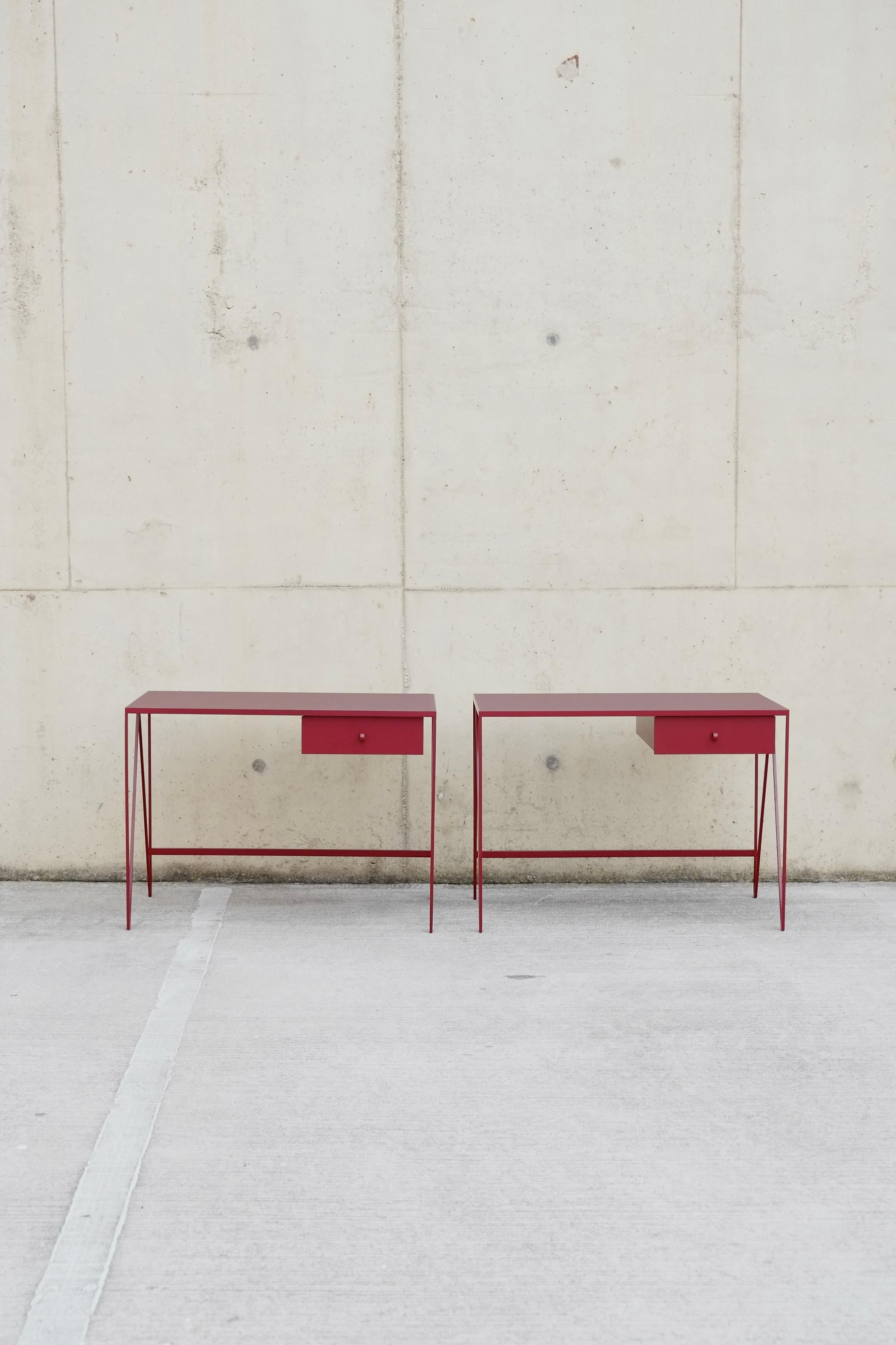 Small Burgundy Study Desk with Natural Linoleum Table Top & Drawer, Customizable For Sale 7