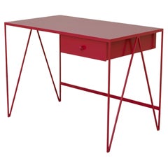 Small Burgundy Study Desk with Natural Linoleum Table Top & Drawer, Customizable