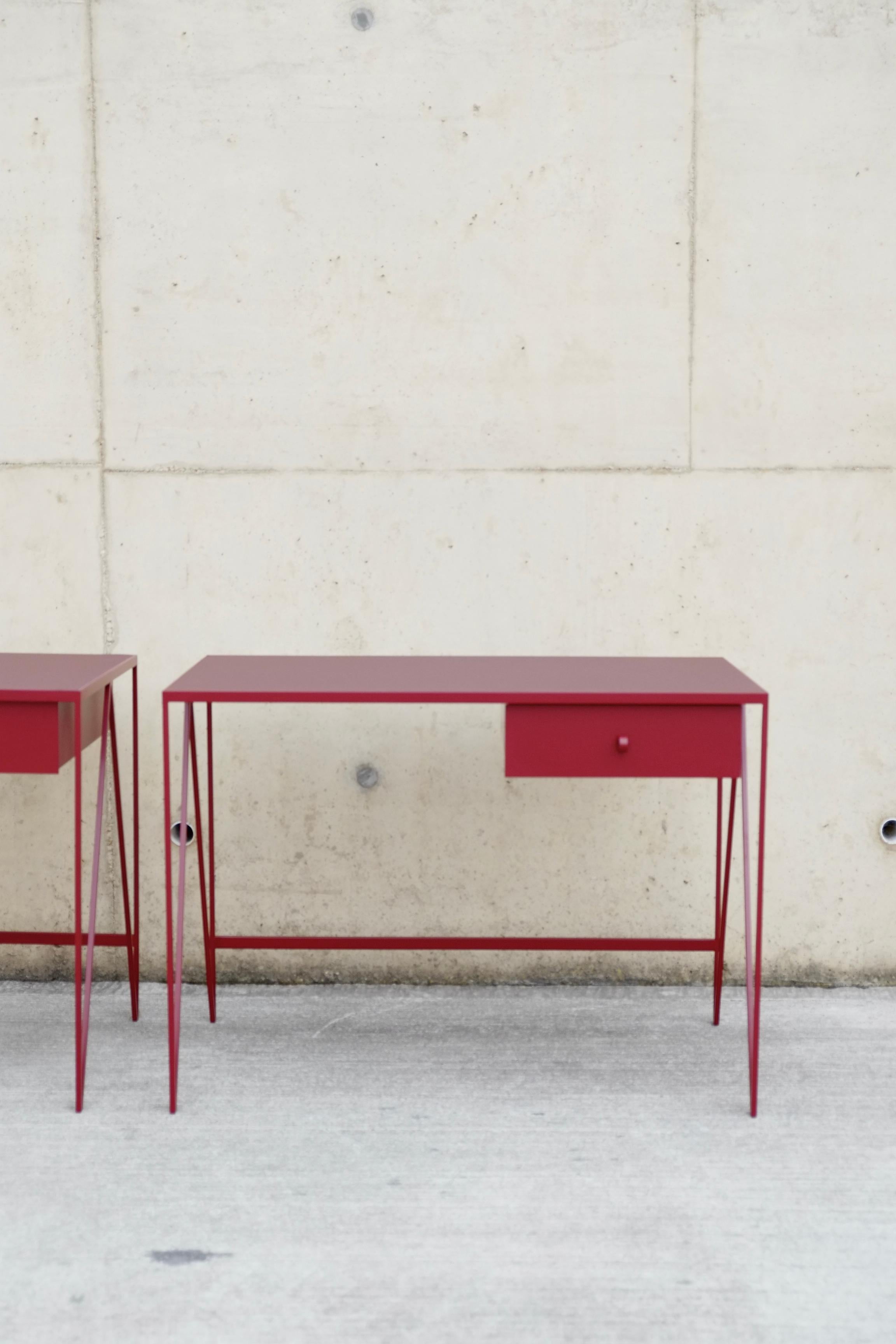Modern Small Burgundy Study Desk with Natural Linoleum Table Top & Drawer, Customizable For Sale