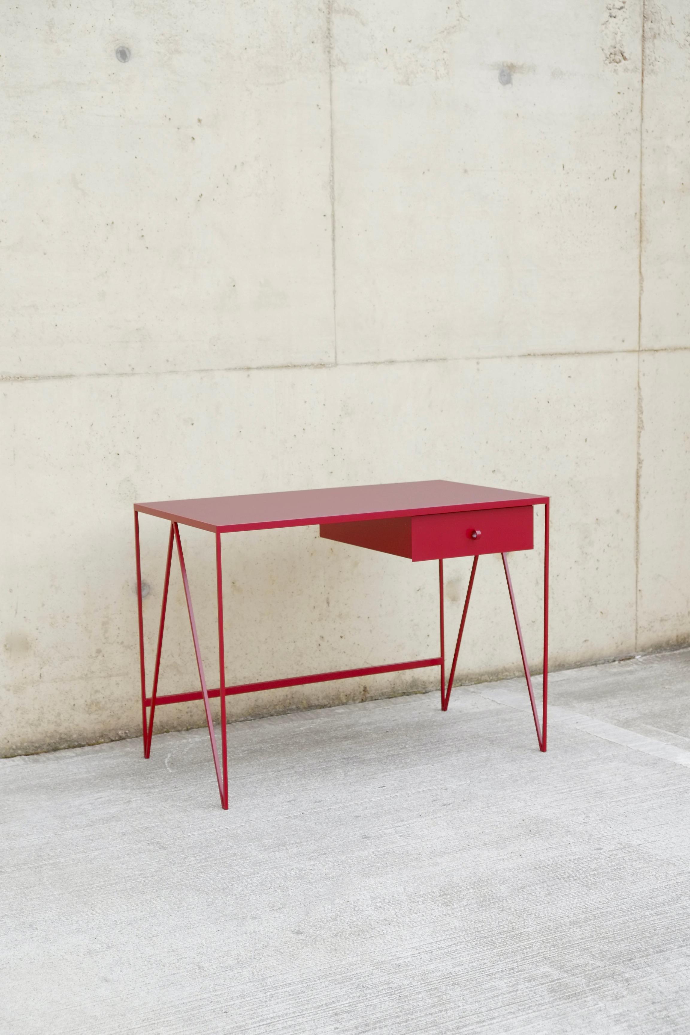 English Small Burgundy Study Desk with Natural Linoleum Table Top & Drawer, Customizable For Sale