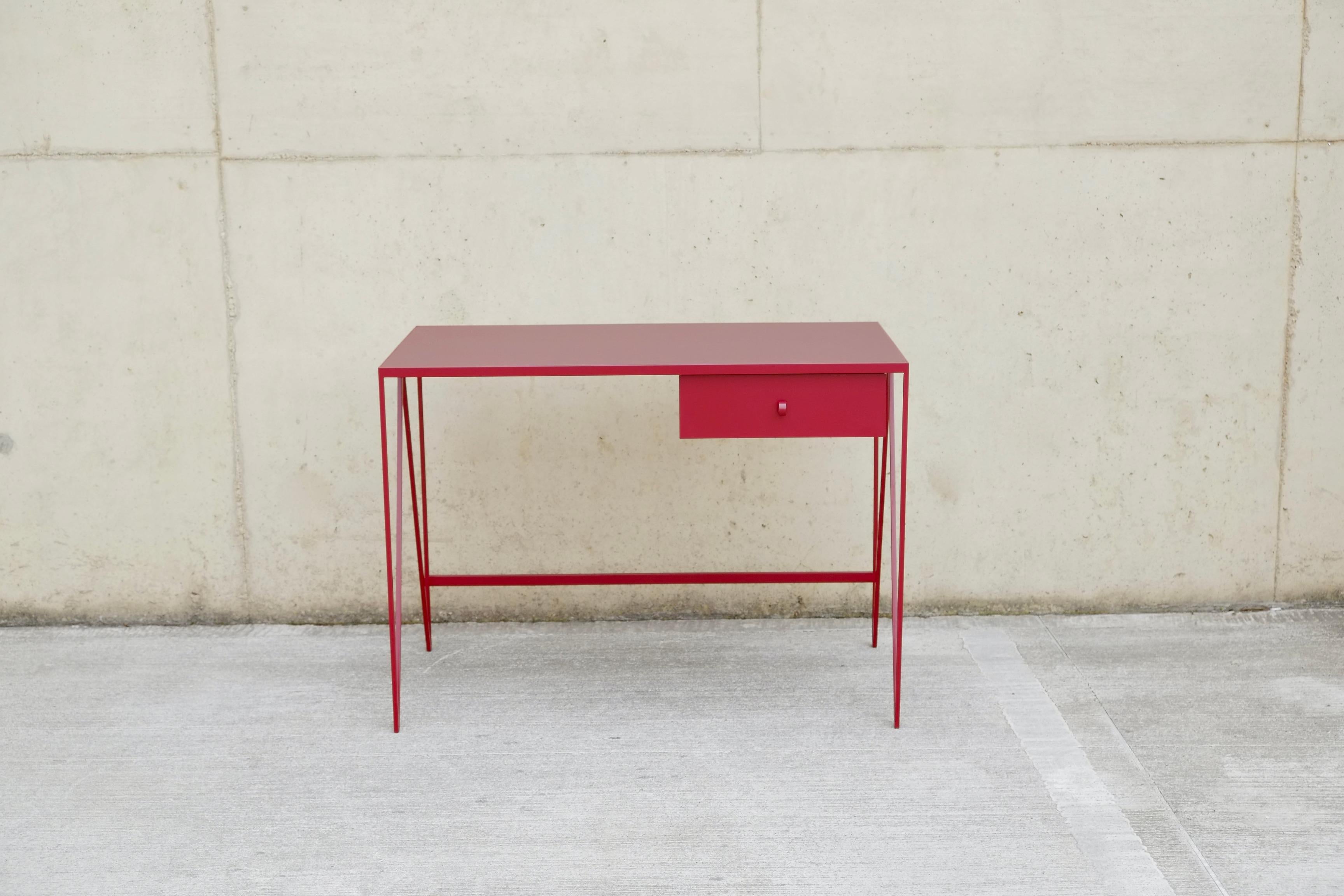 Contemporary Small Burgundy Study Desk with Natural Linoleum Table Top & Drawer, Customizable For Sale