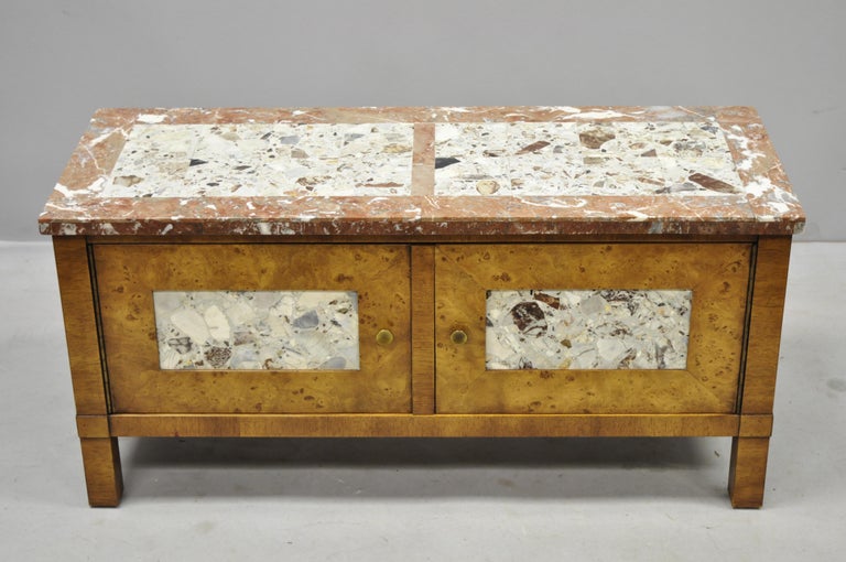 Small Burl Walnut Marble Top Hollywood Regency Low Hall by