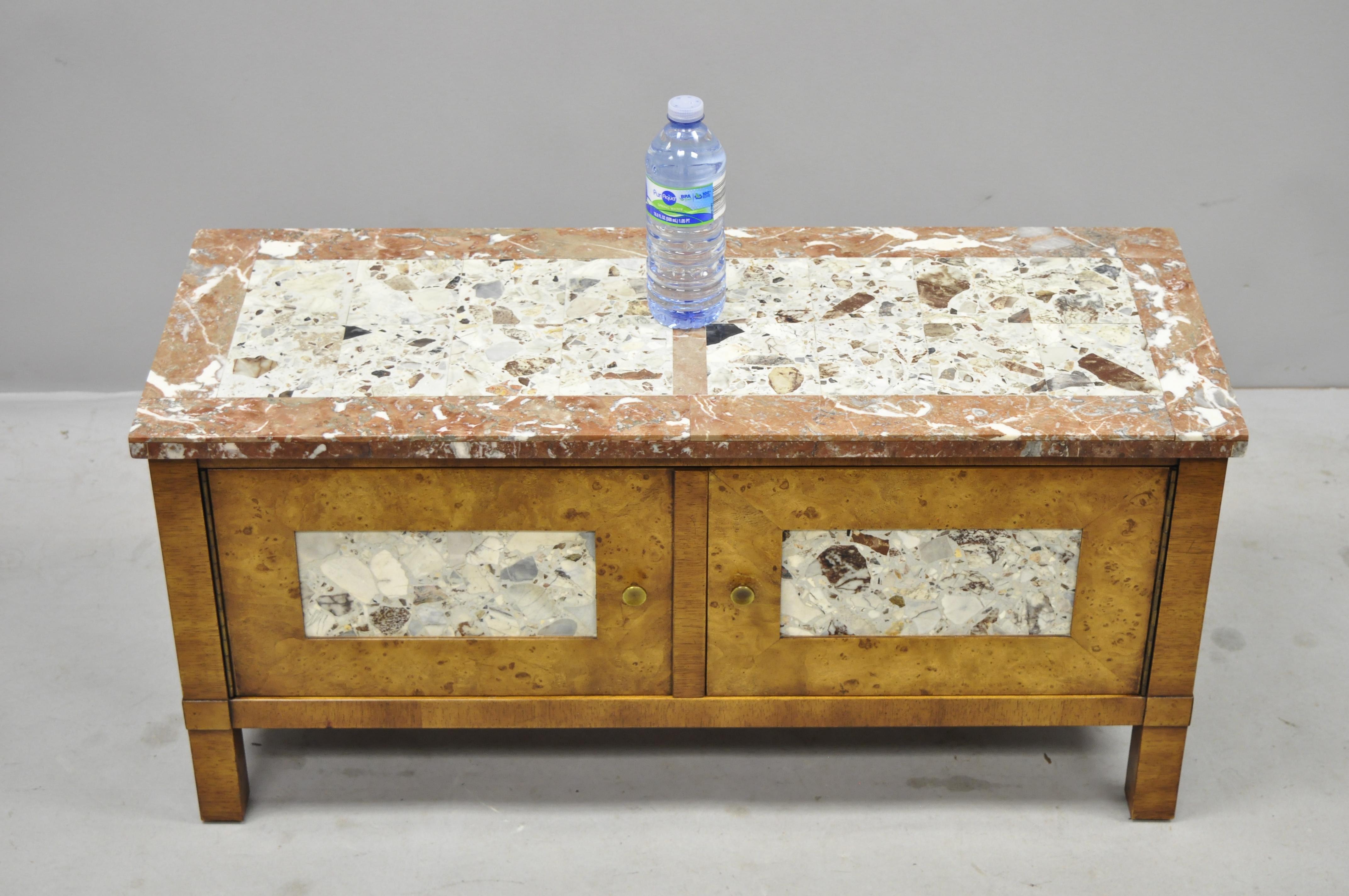 Mid-Century Modern Small Burl Walnut Marble Top Hollywood Regency Low Hall Cabinet by Tomlinson