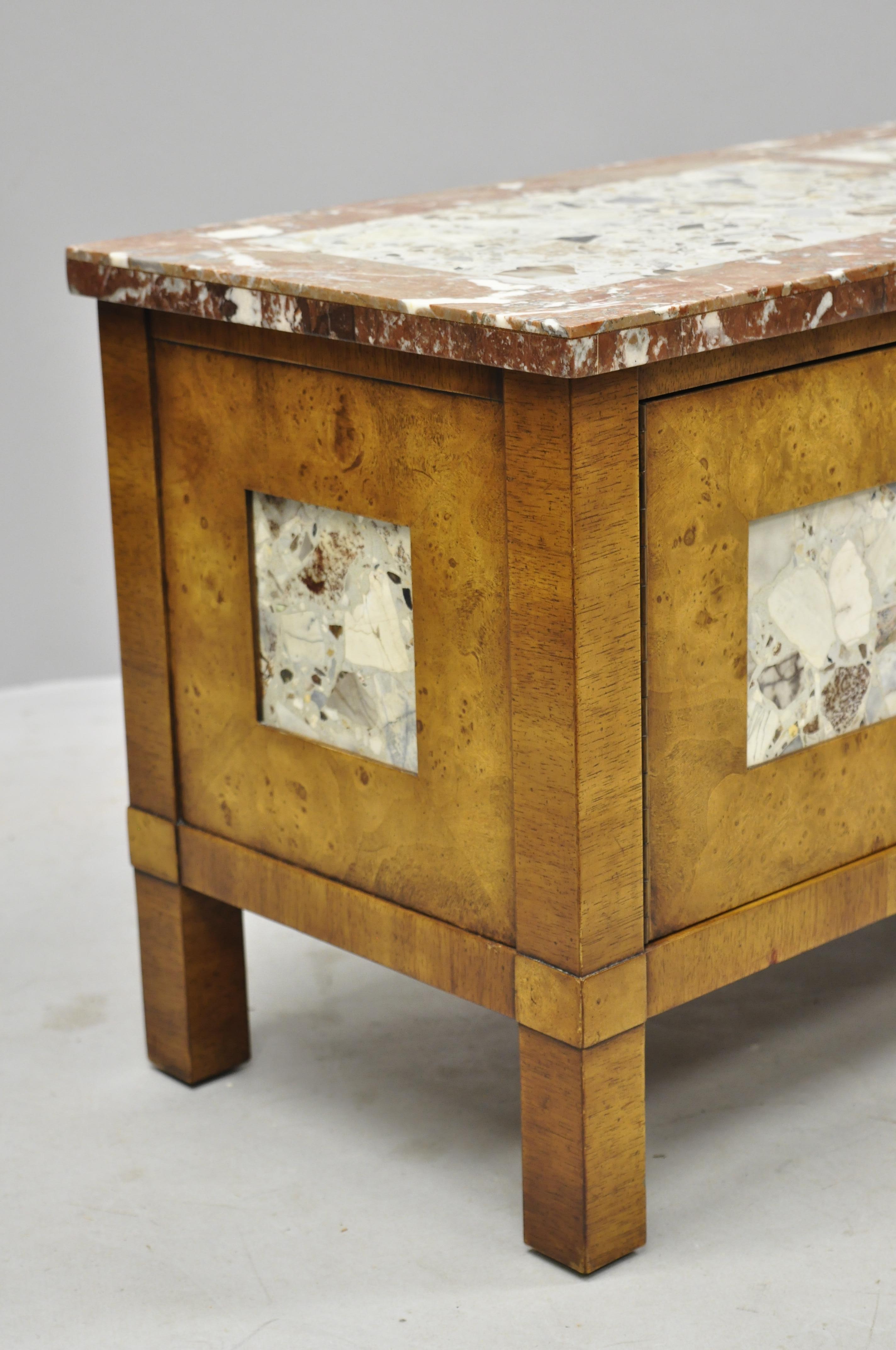 American Small Burl Walnut Marble Top Hollywood Regency Low Hall Cabinet by Tomlinson
