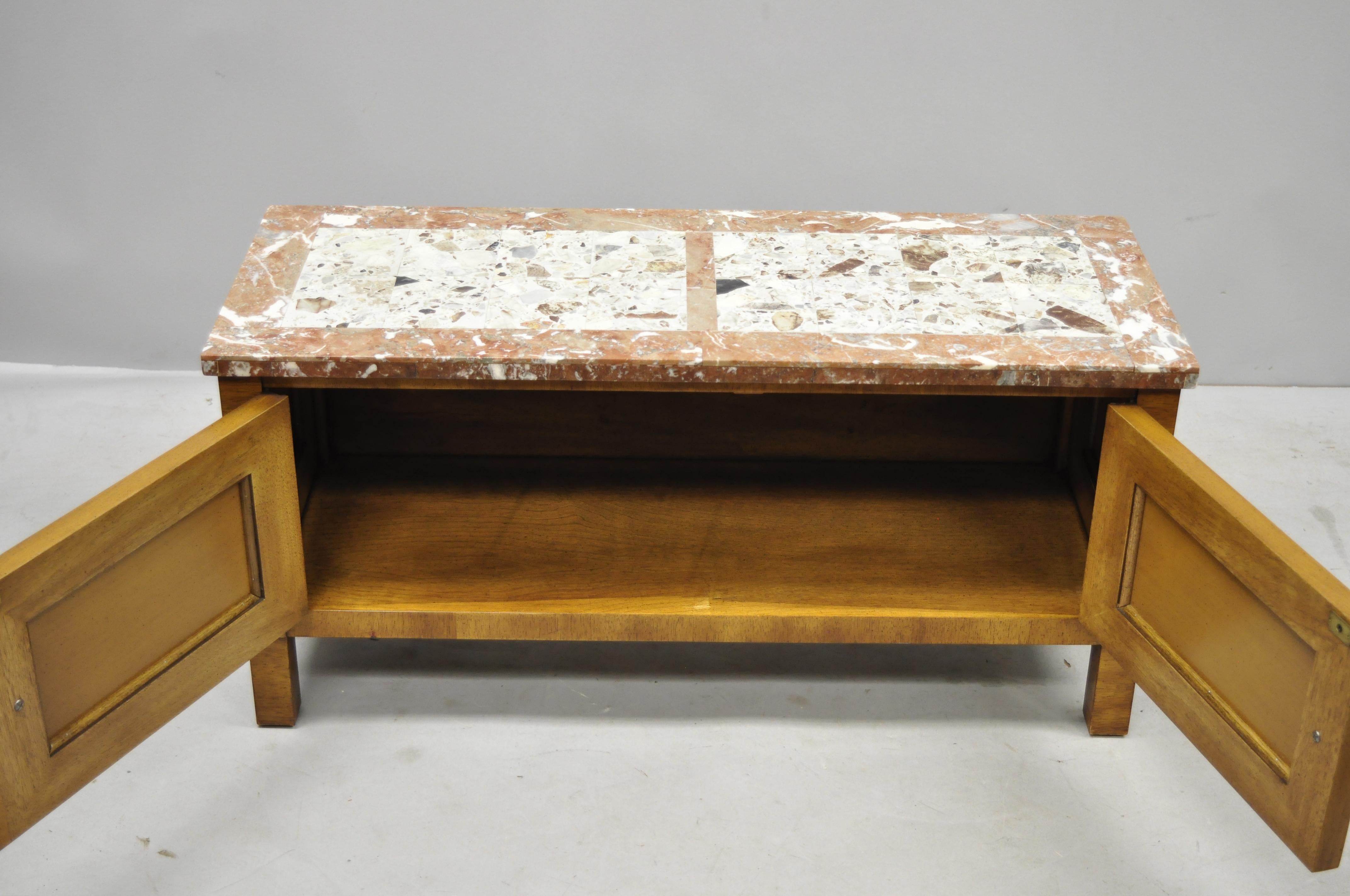 20th Century Small Burl Walnut Marble Top Hollywood Regency Low Hall Cabinet by Tomlinson