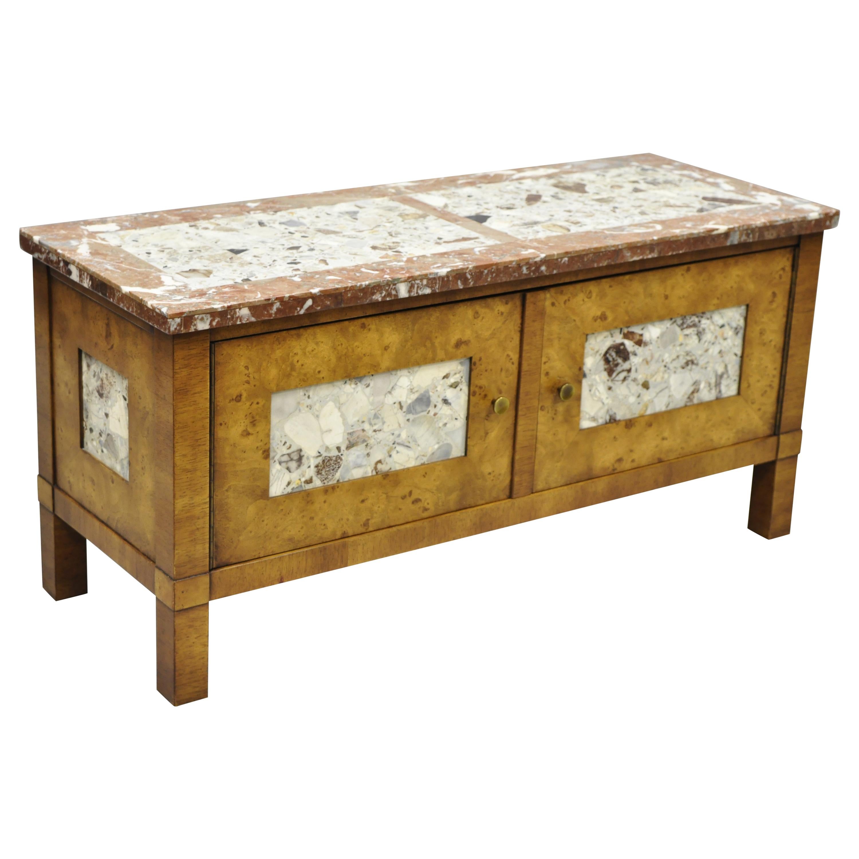 Small Burl Walnut Marble Top Hollywood Regency Low Hall Cabinet by Tomlinson