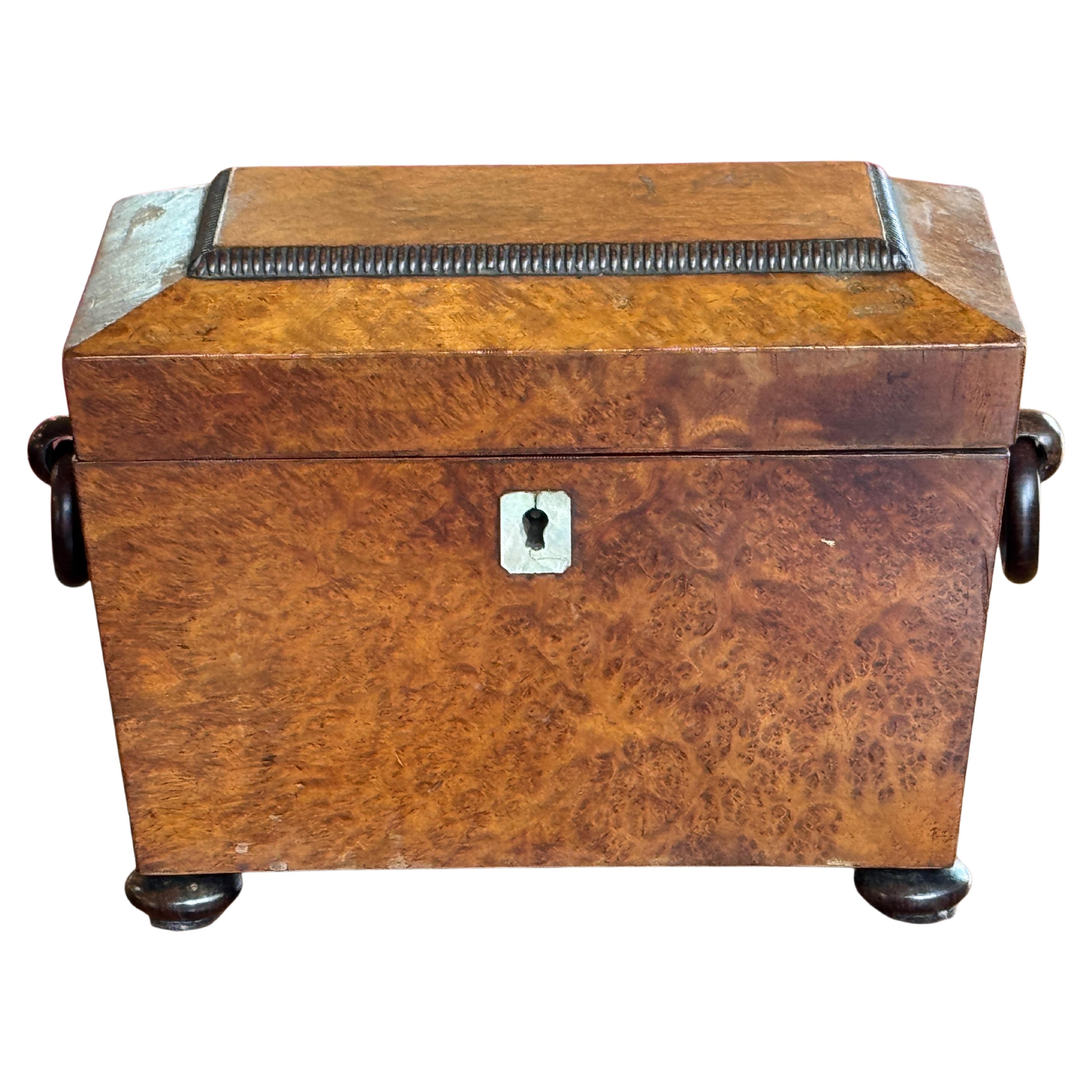 Small Burl Walnut Tea Caddy For Sale