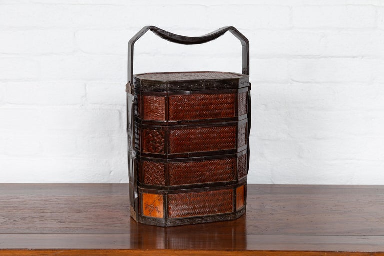 20th Century Small Burmese Vintage Stacking Picnic Basket with Lacquered Accents and Handle For Sale