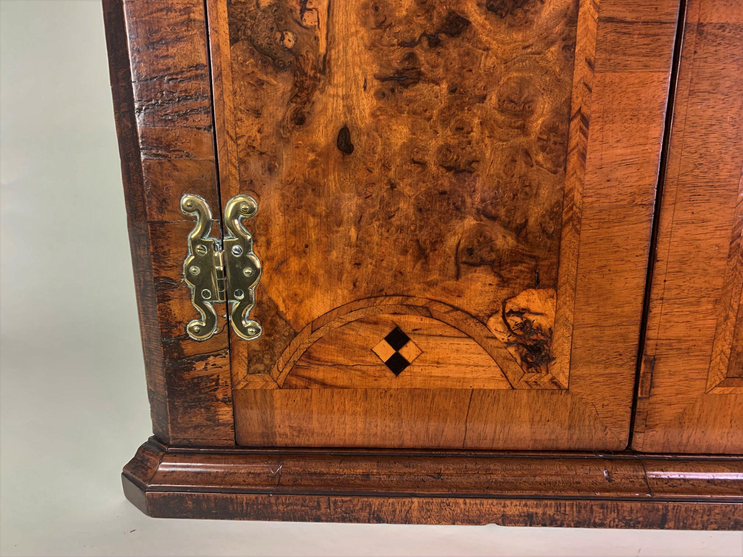 English Small Burr Walnut and Marquetry Corner Cupboard For Sale