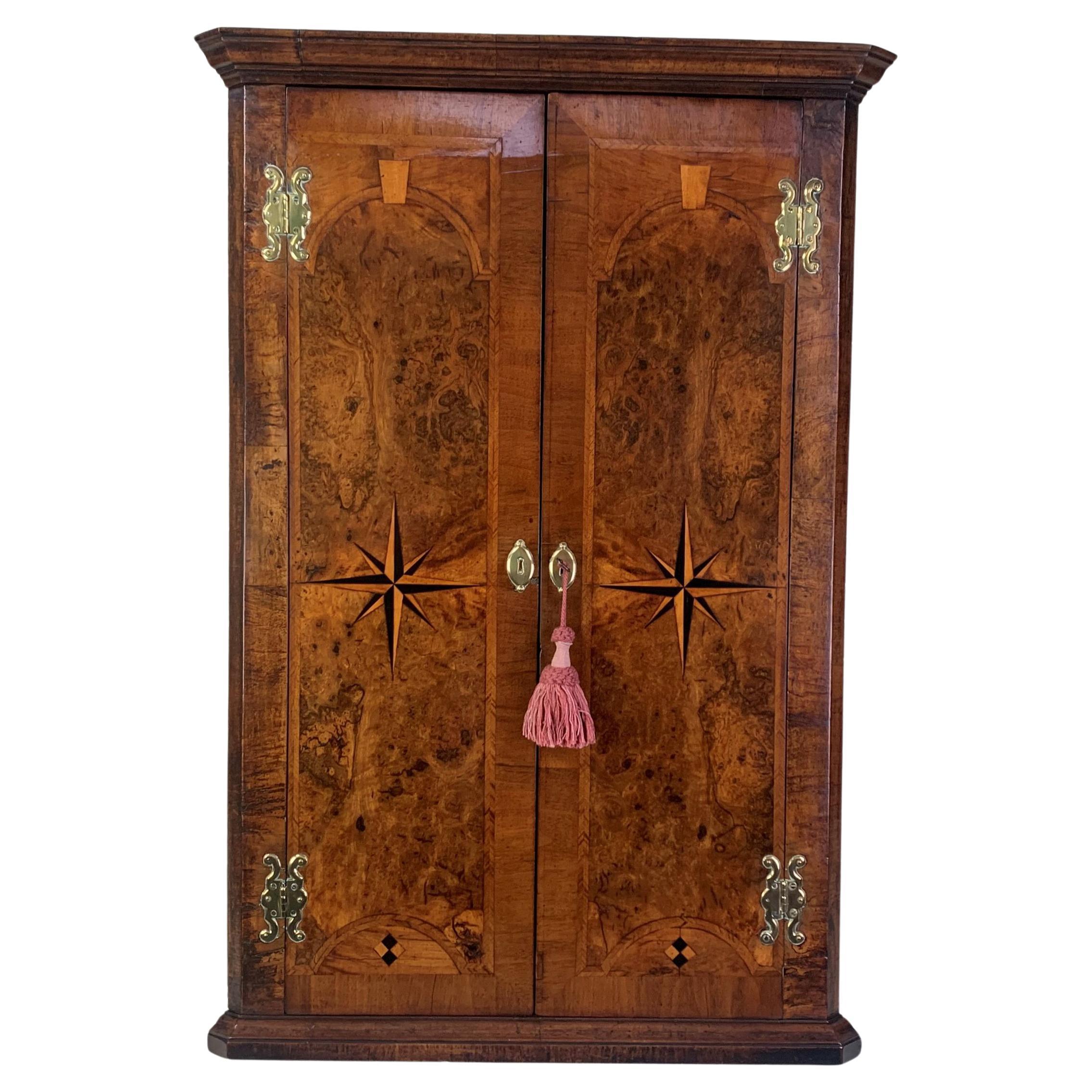 Small Burr Walnut and Marquetry Corner Cupboard For Sale