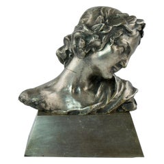 Antique Small Bust of a Woman Head Made of Silvered Bronze