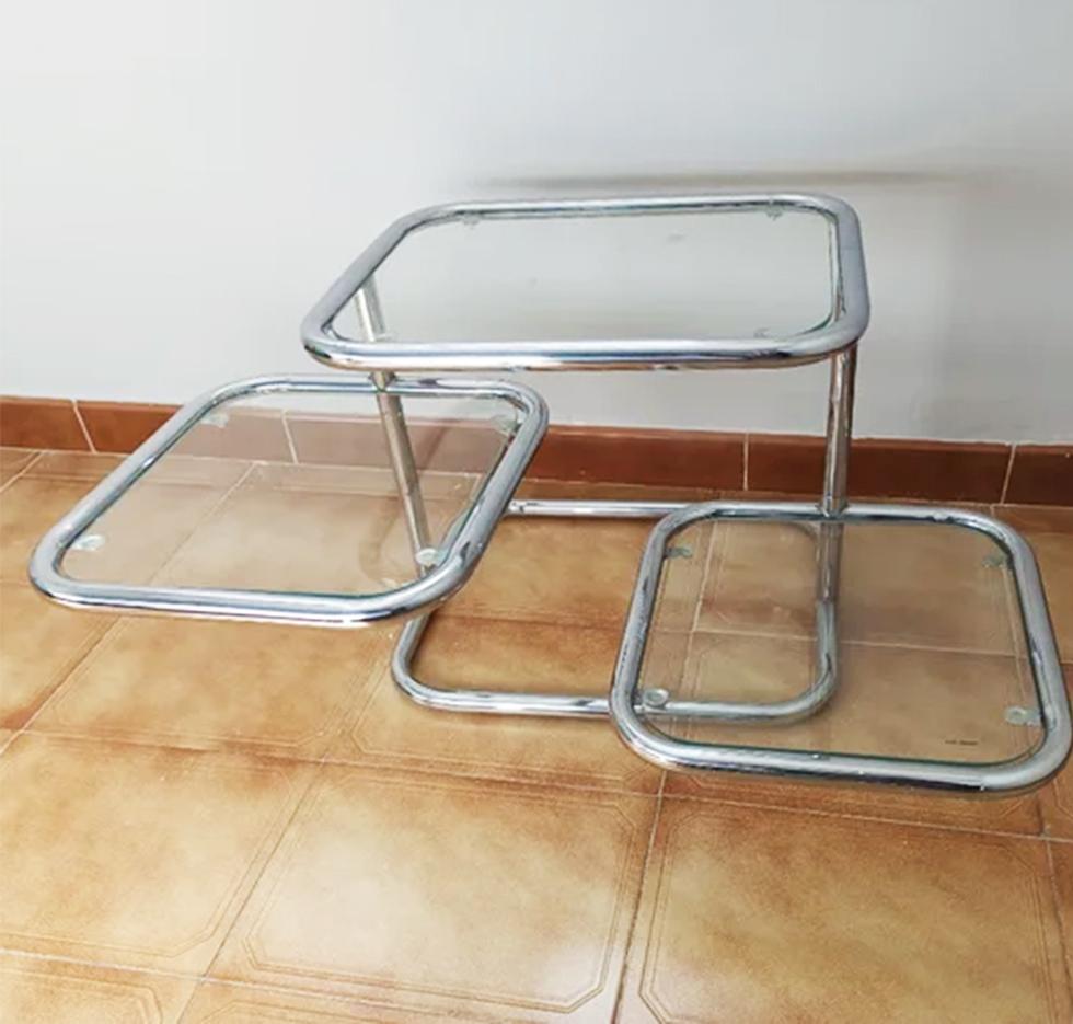 Spanish Small But Extendable Steel Tube and Glass Table From the 70s  