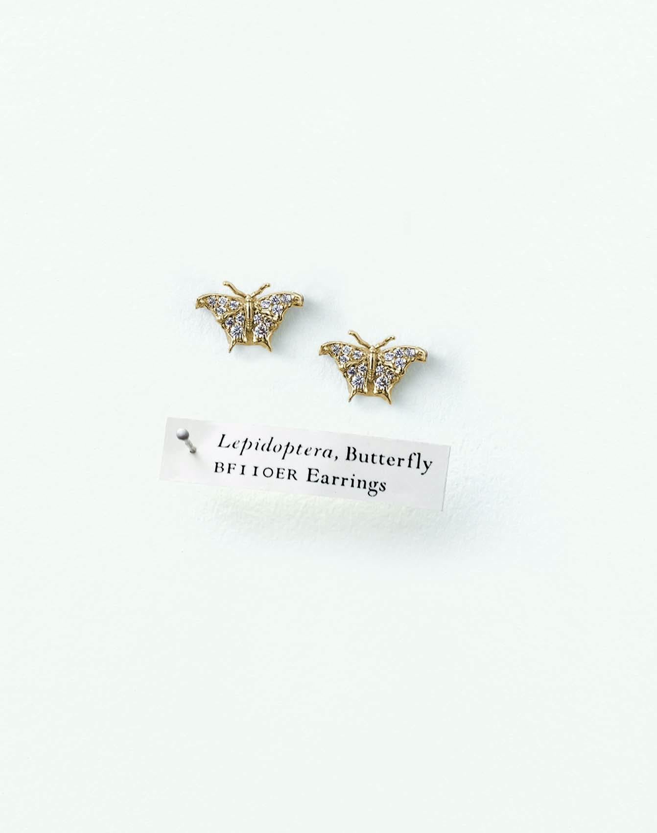 Kleine Schmetterling-Diamant-Ohrringe Vorderansicht  Gelbgold im Angebot 1